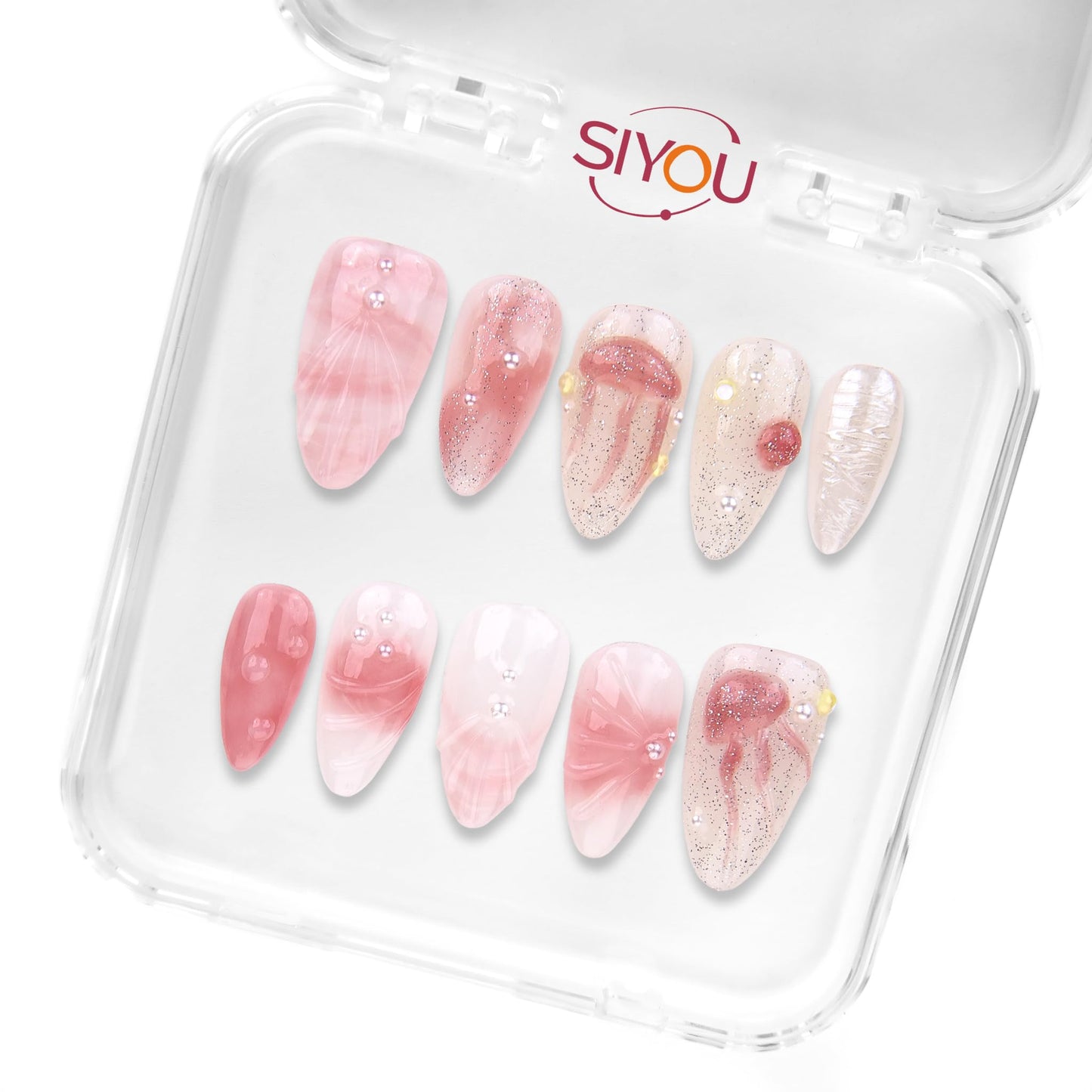 SIYOU Beauty | Seashell Pearl | Pink and White Pearl Short Almond Press On Nails for Women (Large) - Reusable, Salon-Quality Fake Nails (10pc)