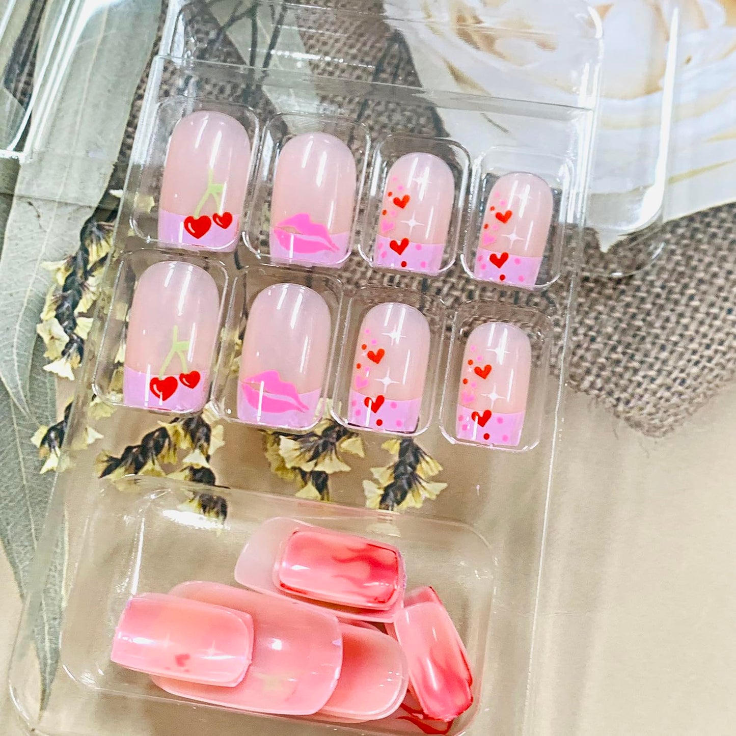 Press On Glossy Full Cover Acrylic Short Length Square French False Nails with Heart Lips Flame Designs Artificial Square Shaped Fake Nails Glue Ons for Women Girls