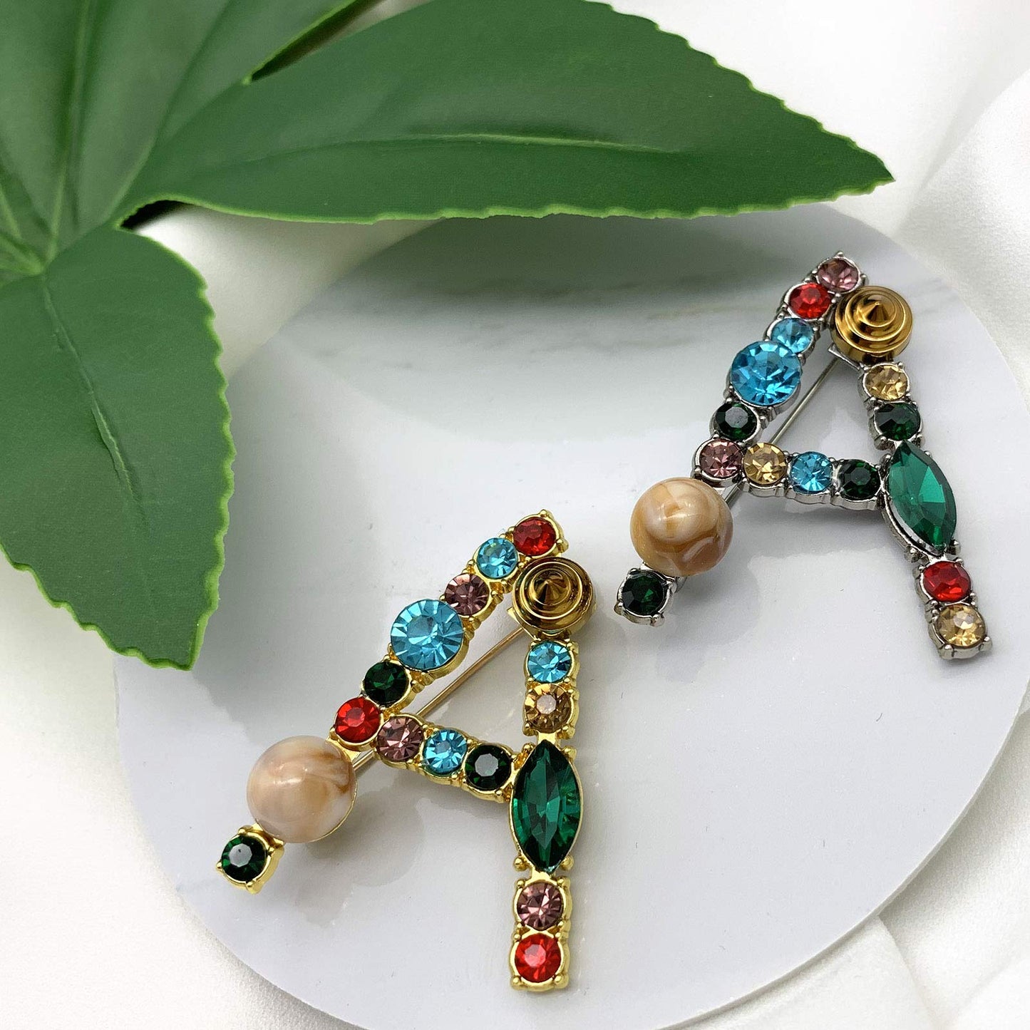 XGALBLA Letters A Plated Metal Stone Clear Colorful Crystal Lapel Pin Brooches Collar(Silver Tone)