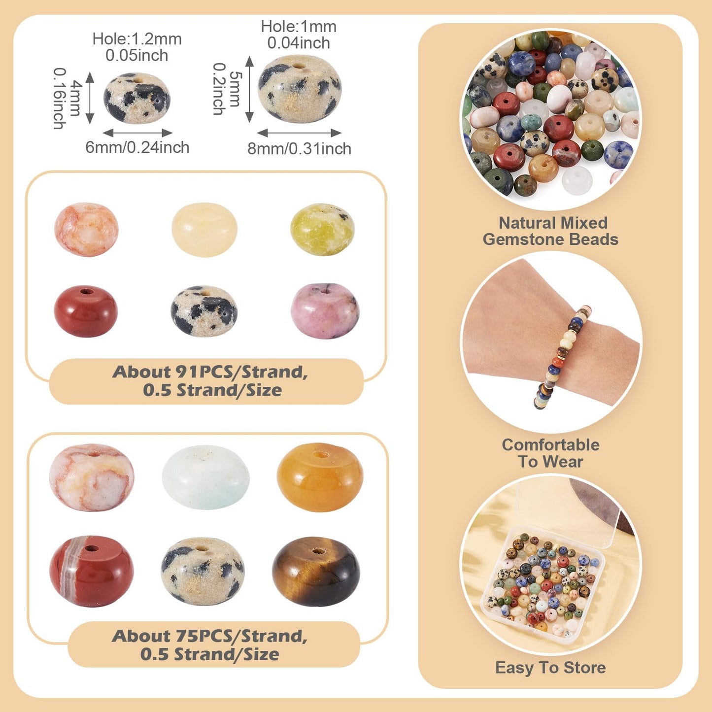 Beadthoven 166pcs Gemstone Rondelle Beads 6mm 8mm Mixed Natural Stone Beads Colorful Energy Healing Crystal Flat Disc Abacus Disk Heishi Spacers for DIY Bracelet Necklace Jewelry Making
