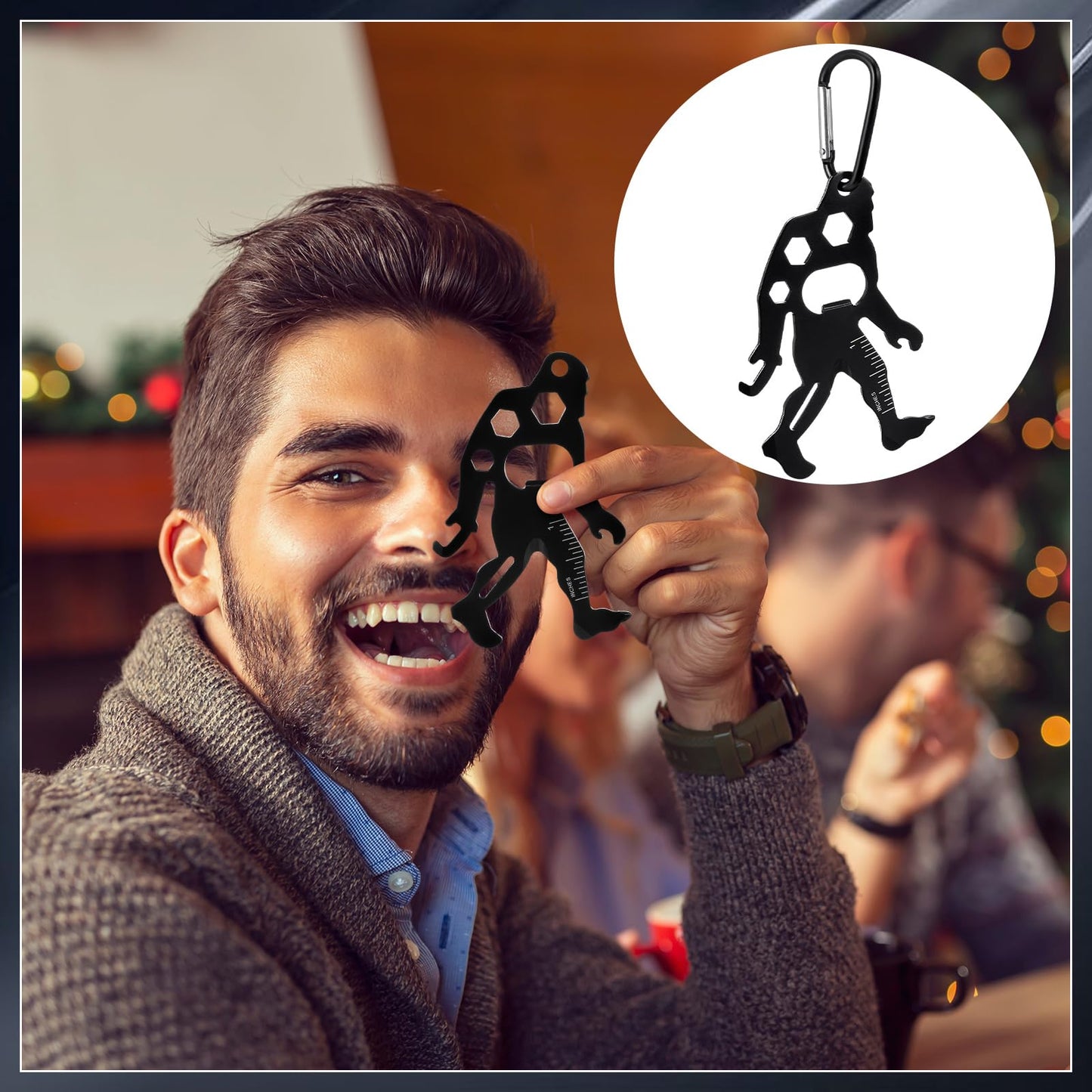 Cholemy 12 Pcs Credit Card Tool Novelty Stocking Stuffer Wallet Multitool Edc Gadget Friendship Bigfoot Sasquatch Elephant Gift Small Hand Carabiners Tool for Father Day Men Birthday(Ape-man,Black)
