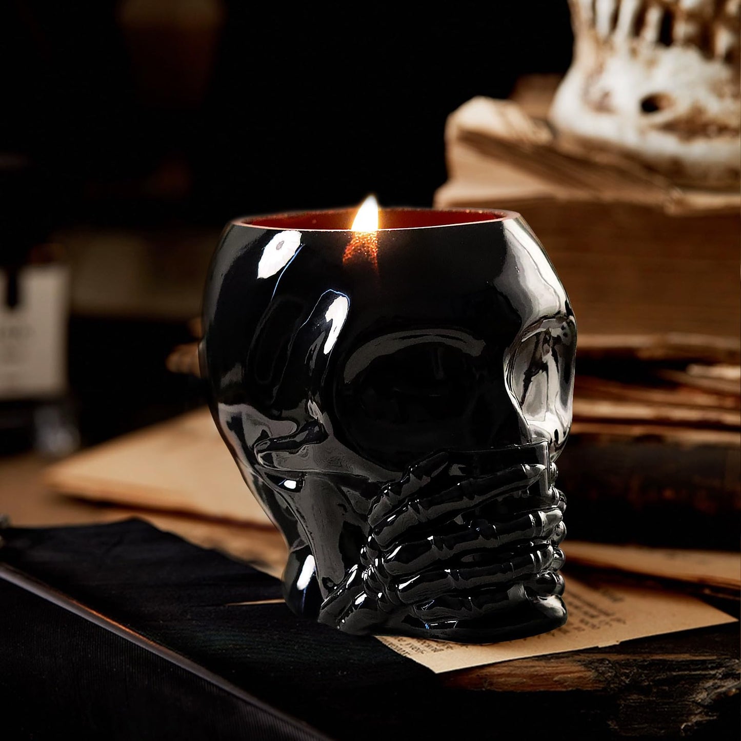 Skull Candle, Halloween Pumpkin Scented Candle 9.5OZ, Horrible Spooky Skeleton Head, Gothic Decor, Indoor Outdoor Halloween Table Centerpiece Decoration, Black