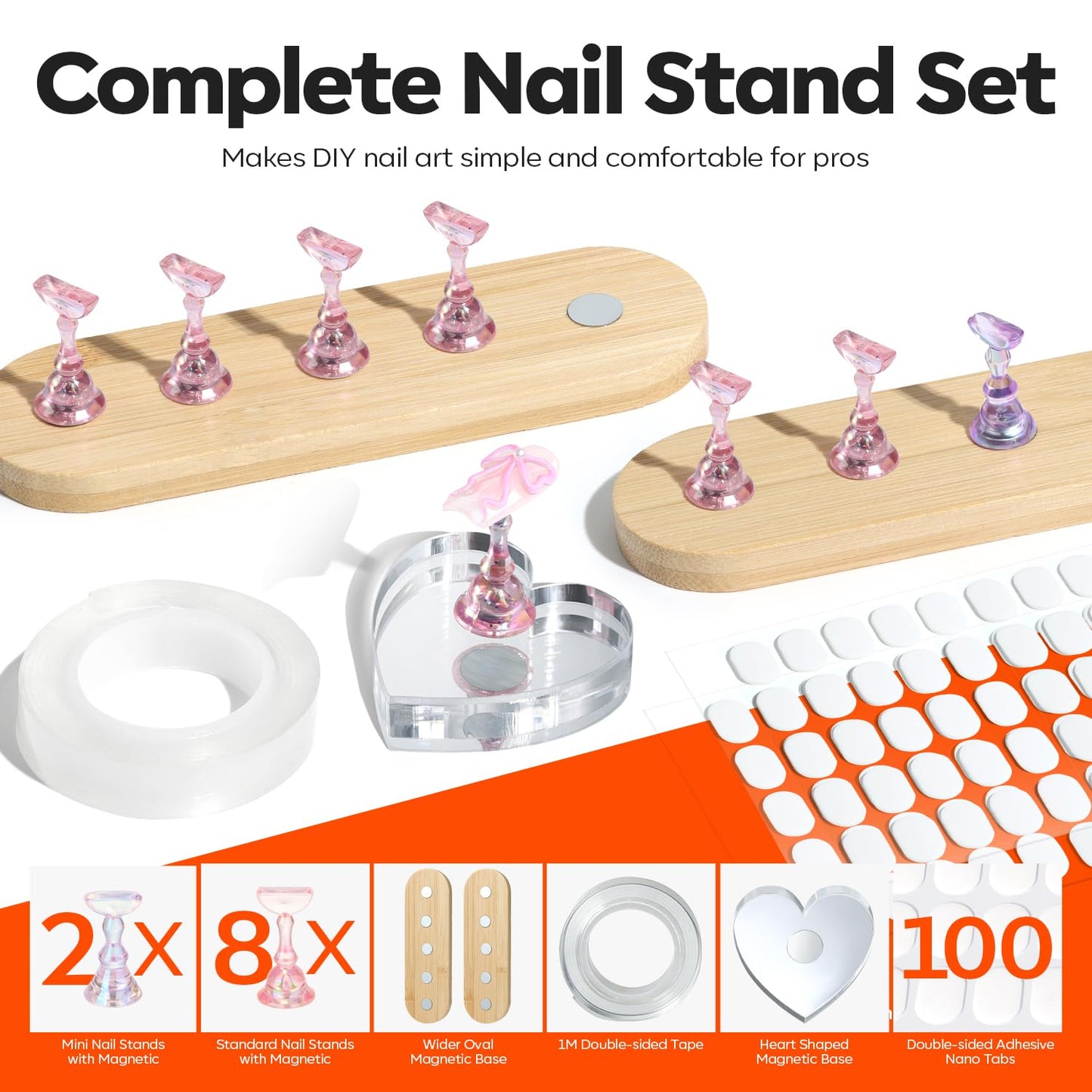 Modelones Nail Stand Set, Magnetic Press On Nails Holders Wider & Heart Display Base Standard Pinky Nail Stands for False Nail Tips Practice Painting 100PCS Adhesive Tabs Double-sided Tape Nail Art