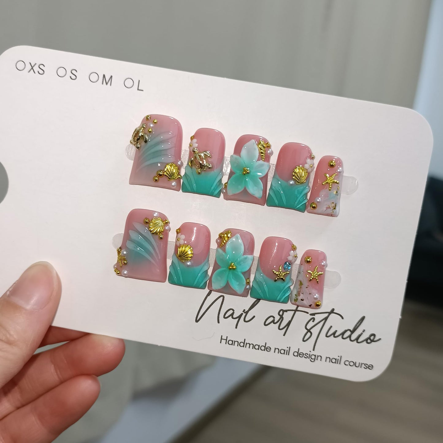 TENPAL Duckbill Press on Nails - Ocean 3D Floral Teal Blushing Ombre Design | Icy Glossy Duck Fake Nails with Handmade Carving | Mermaid Y2K Style Glue on Nails for Resort Vacation(M)
