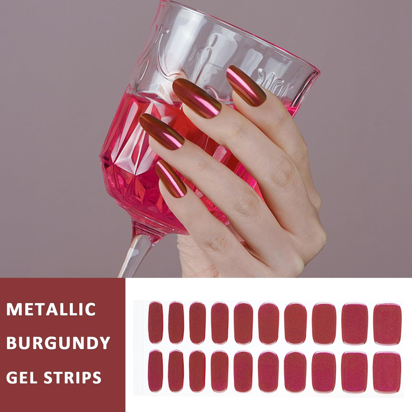 YECIRALA 2 Sheets 40 Tips Semi Cured Gel Nail Strips Kit (Magic Metallic Burgundy & Purple) Semi Cured Nail Polish Strips Stickers Chrome Metallic Effect Gel Nail Wraps with Nail File & Wooden Stick