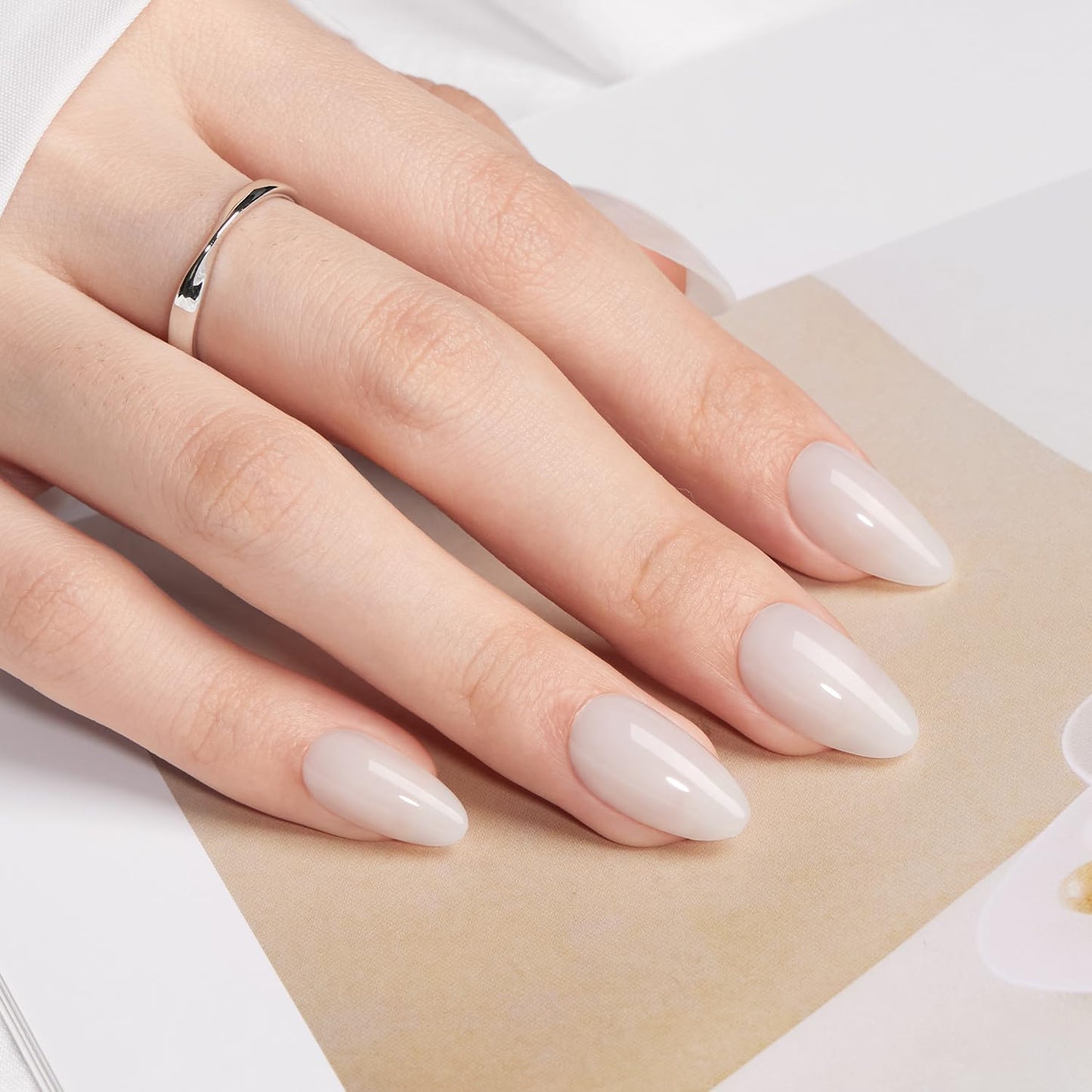 VSALON Almond Short Press On Nails, Milky White Sheer Jelly Finish Nail Kit & Blue Cat Eye Mini Pack