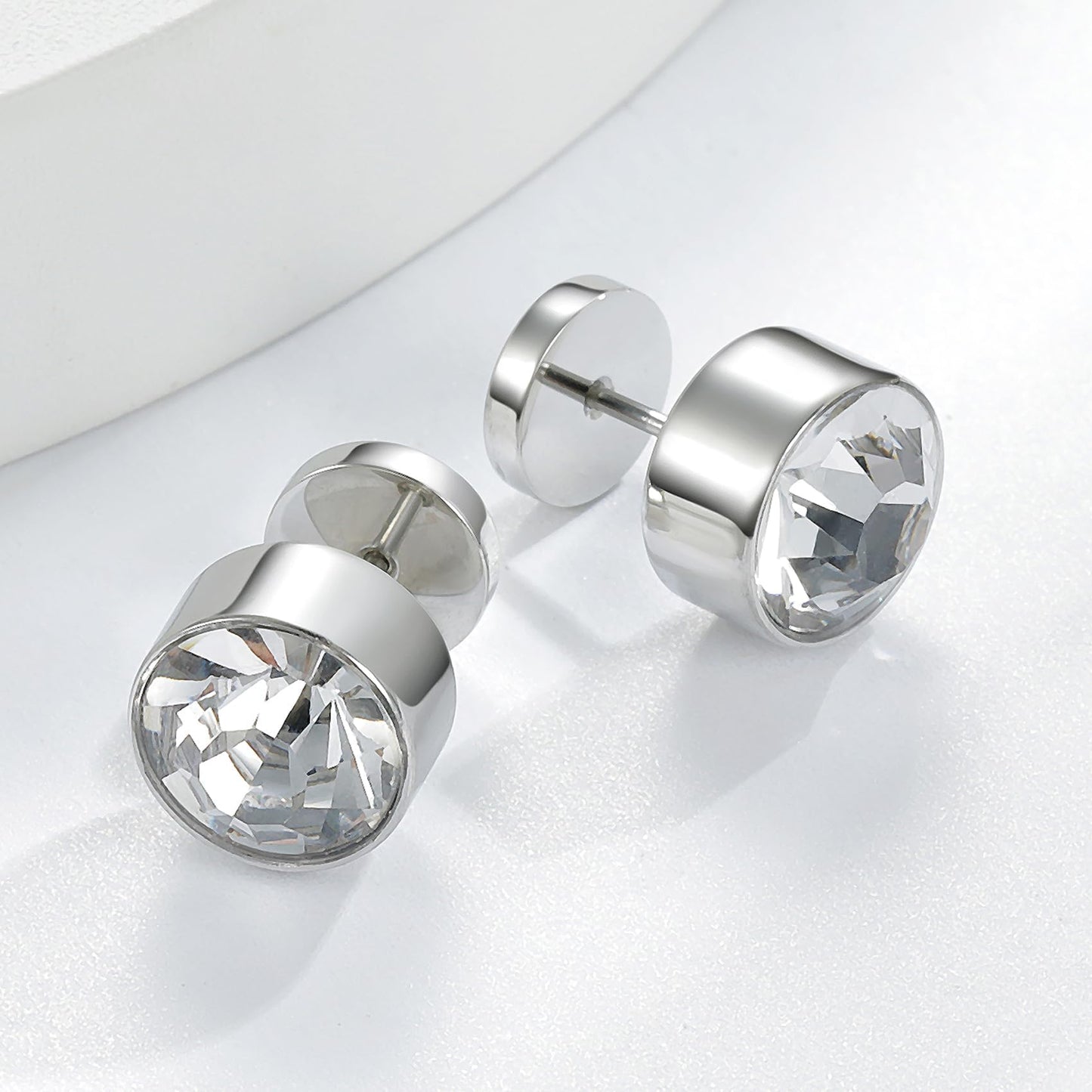 VOLUKA Titanium Earrings Screw Flat Back Earrings Studs Hypoallergenic for Sensitive Ears Cubic Zirconia Created Quartz Punk Dot Disc Barbell Stud Earrings-8mm CZ