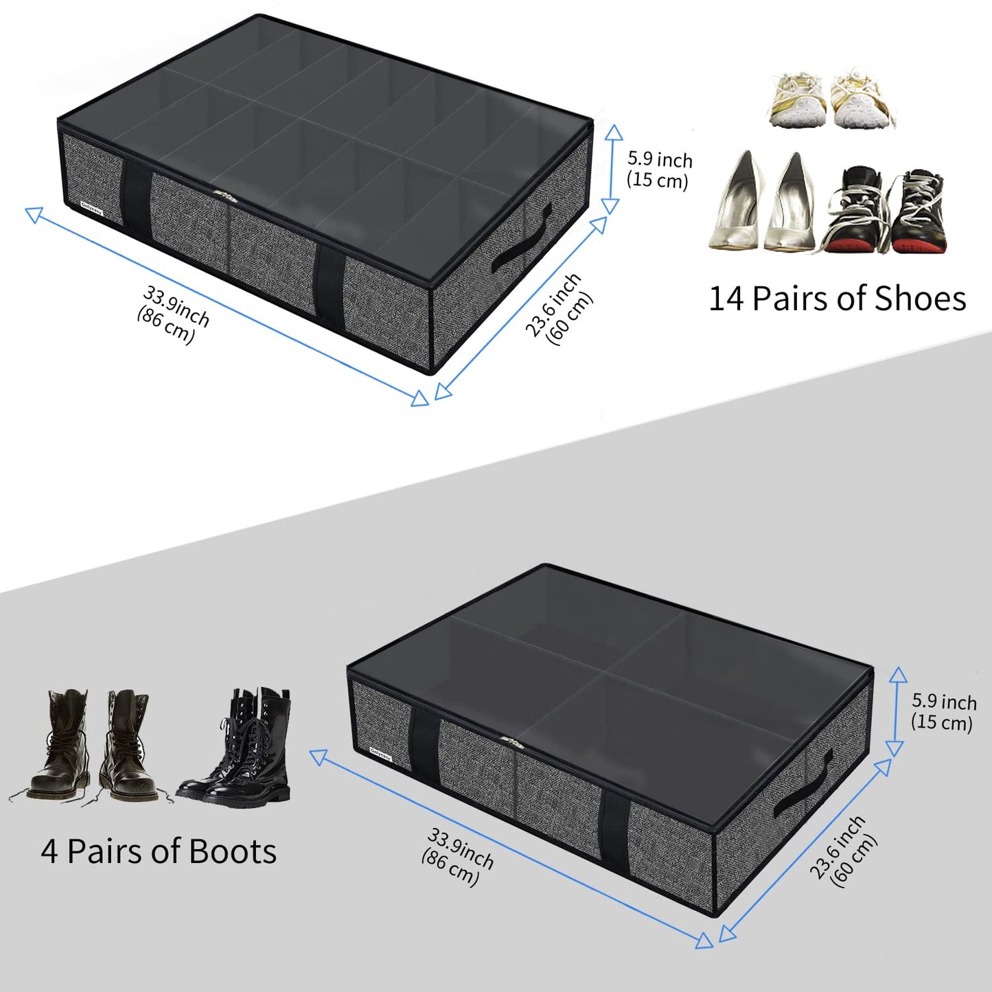 Onlyeasy 2 Pack Under Bed Shoes Storage Bag Organizer (14+4 Pairs), Collapsible Shoe Boot Container with Handles, Underbed Storage Solution for Kids & Adults, 86x60x15cm, Linen-like Black, MXAUBS14S4
