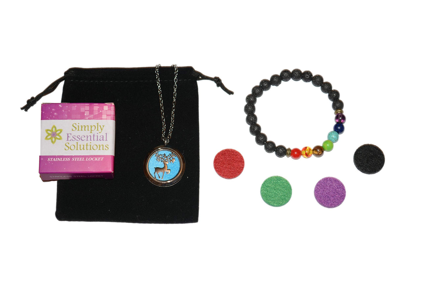 Aromatherapy Essential Oil Diffuser Stainless Steel 30MM Silver Magnetic Locket Pendant 2 Sizes Chain Necklace, Refill Pads & Diffuser Bracelet in a Velvet Bag (Prancing Winter elk)