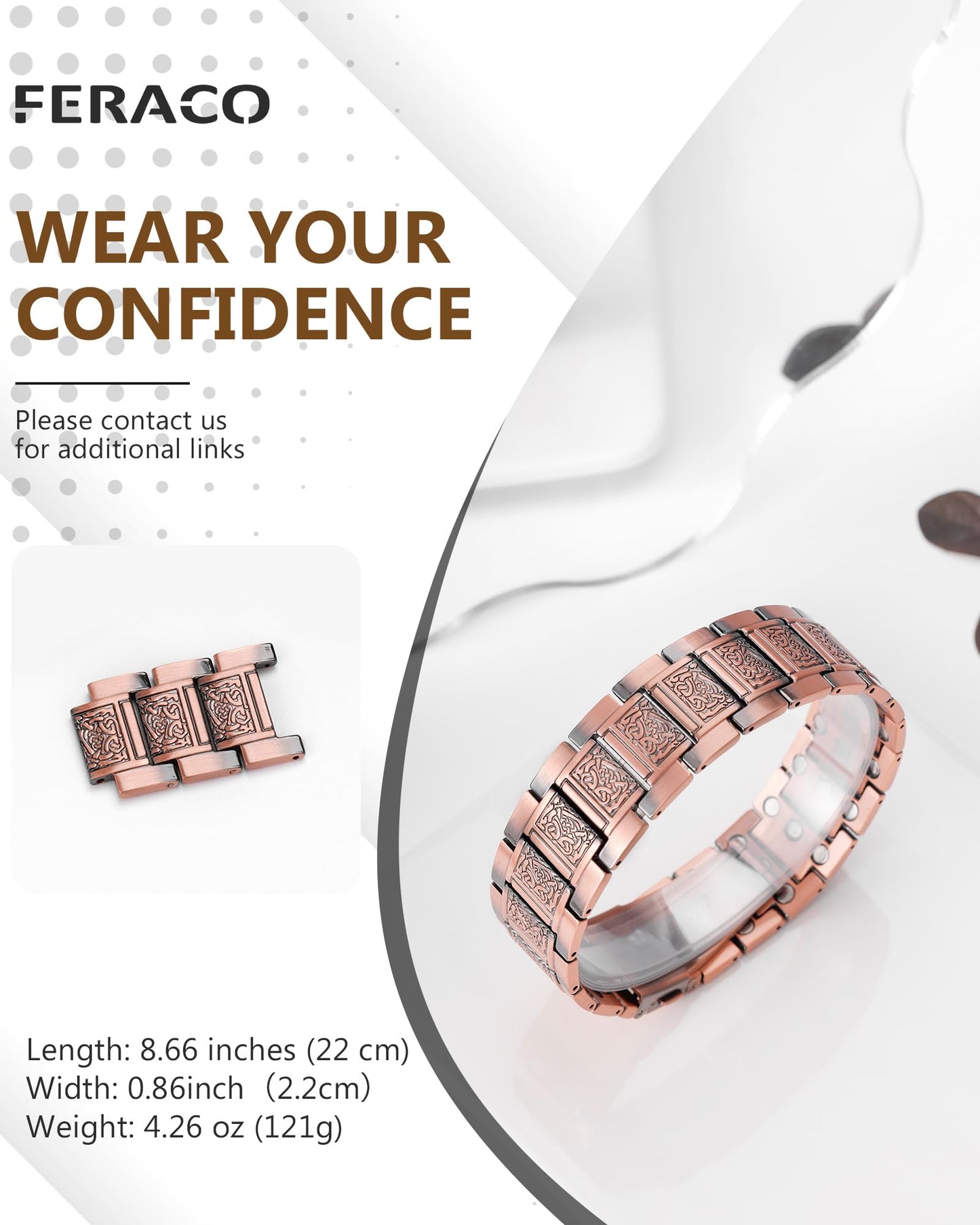 Feraco Copper Bracelet for Men, 3X Strength Magnetic Therapy Bracelet with Powerful 3800 Gauss Magnets,Copper Cooper Jewelry