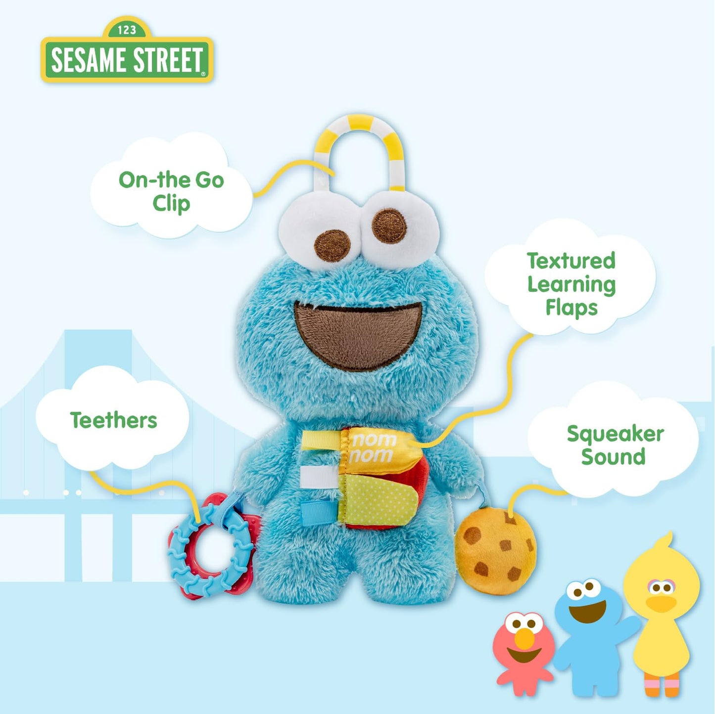 Kids Preferred Sesame Street Cookie Monster Activity Toy with Teething Rings, Crinkle Sounds, and On The Go Clip for Babies and Infants
