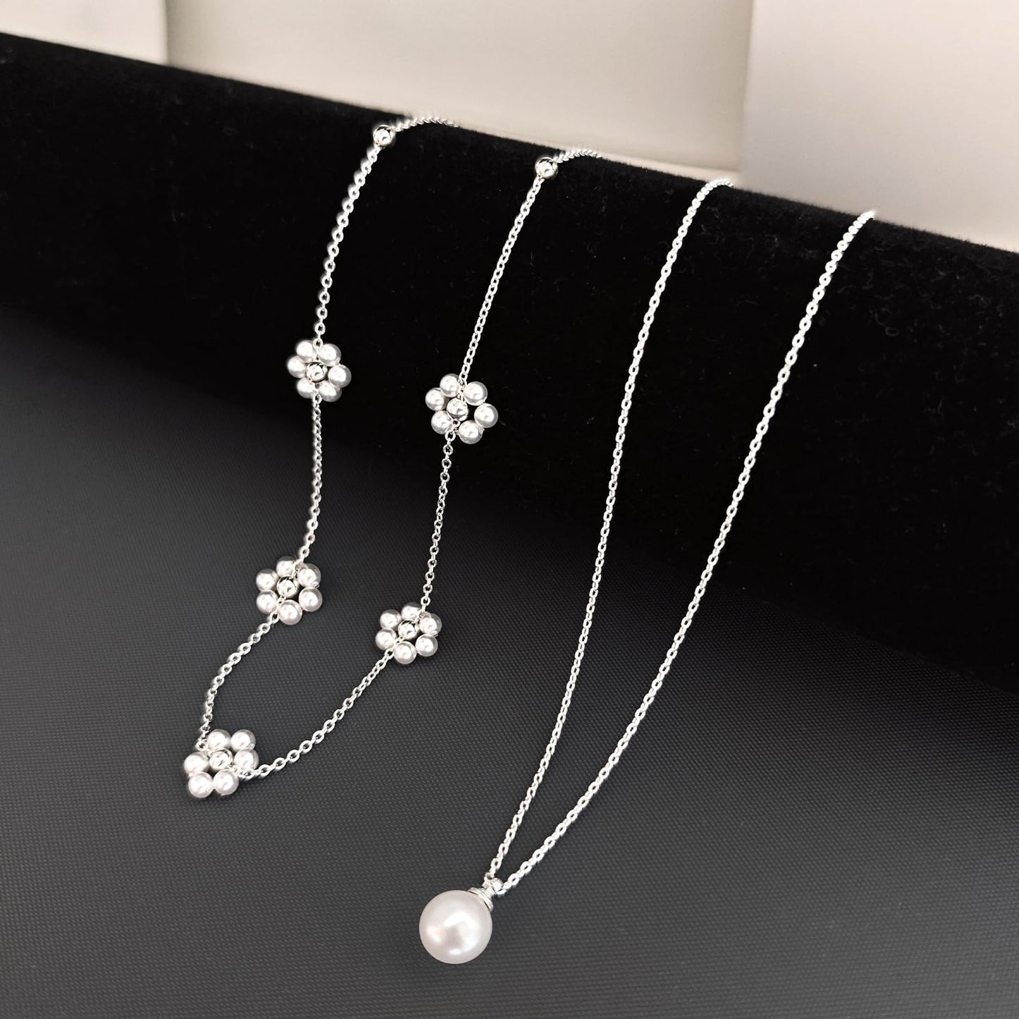 Zeffy Silver Daisy Flower Pearl Layered Necklace Cute Silver Necklace Stack Wedding Jewelry Sets for Women Bridesmaid Gifts 2PCS