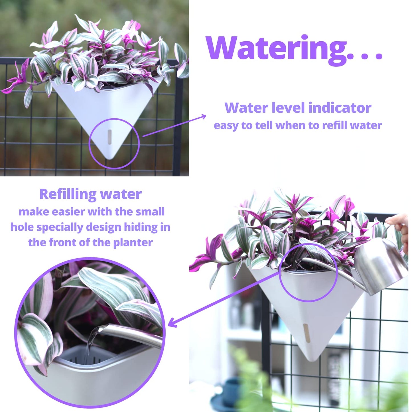 LaLaGreen Bundle - 12" x 2 Pack Black + 12" x 2 Pack White Large Self Watering Geometric Hanging Flower Vase Vessel with Metal Hanger, Modern Stylish Wall Mounted Succulent Pot Holder Decor
