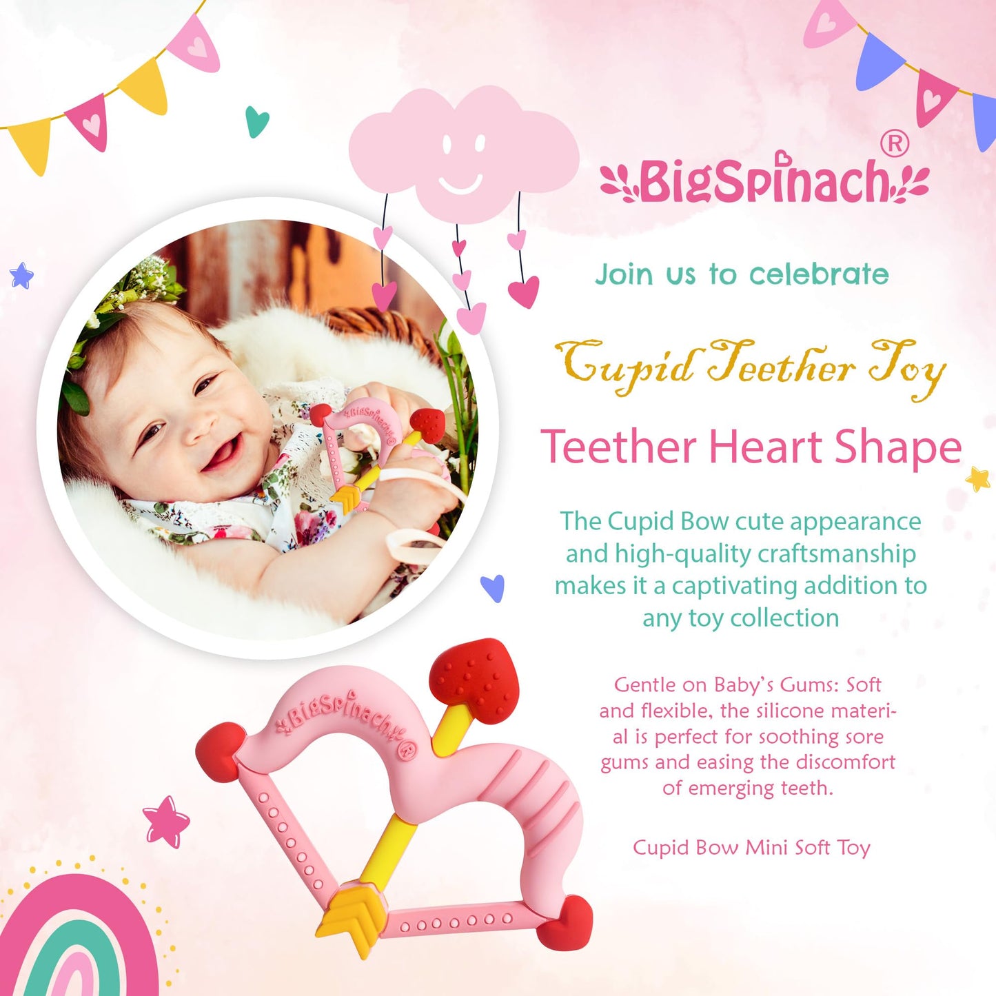 BIGSPINACH Teethers Heart Shape Silicone Baby Teether Toy Easy for Little Hands to Hold,Cupid Bow and Arrow Soft Teething Toy for Infants,Valentine's Gift for Girl or Boy (Pink)