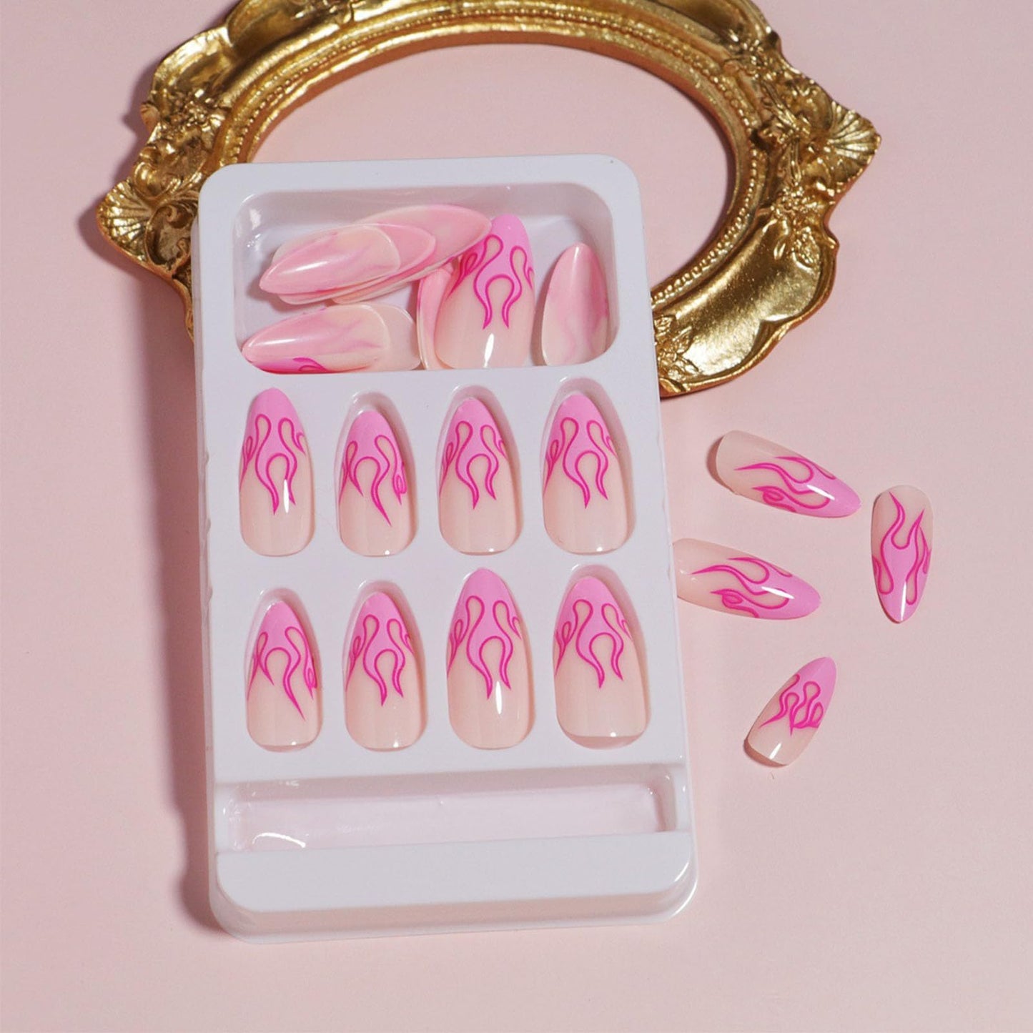 IMSOHOT Pink Press on Nails Medium Almond Fake Nails Flame Pattern Design Glossy French Tips Glue on Nails for Women DIY Charm Manicure 24Pcs