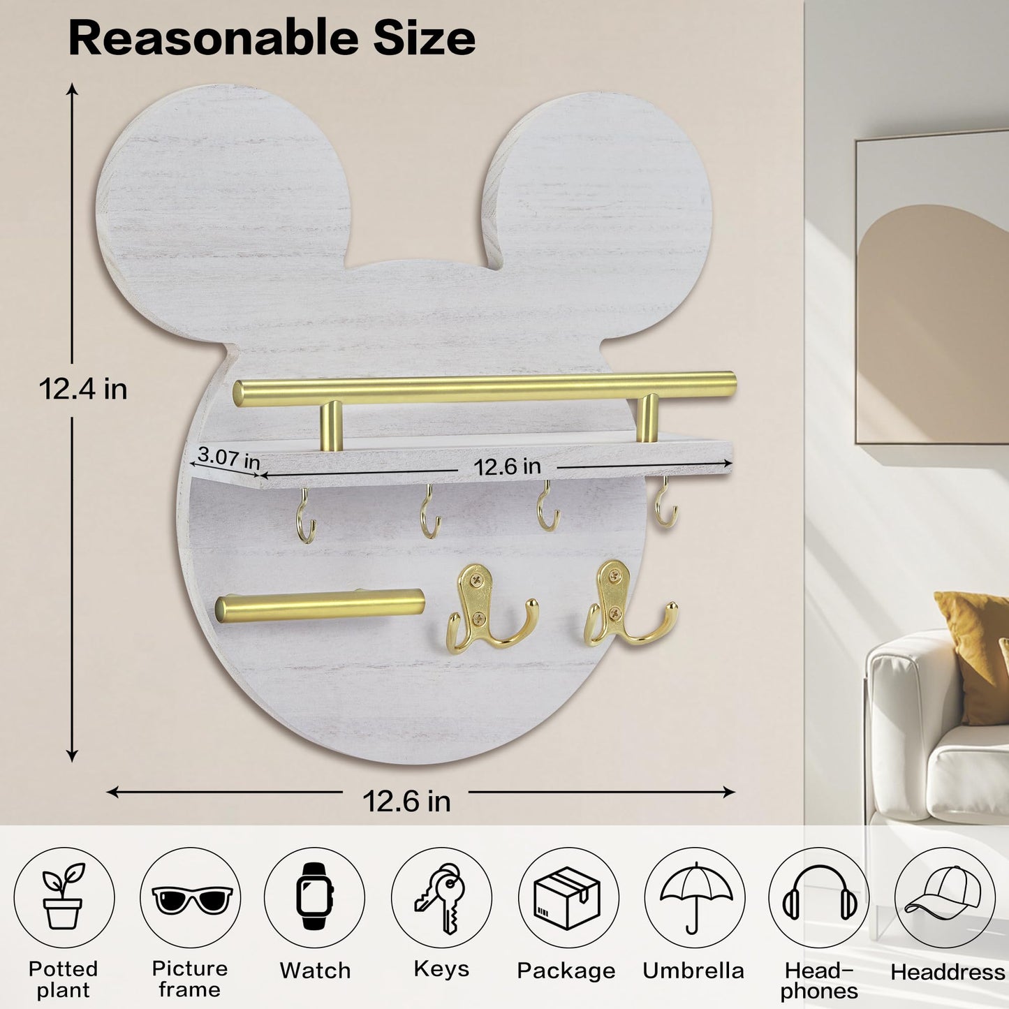 AIRPOP Key Holder for Wall–Mouse Wooden Mail Organizer Wall Mount with Shelf and 6 Hooks, Easy Installation Key Rack Hanger for Entryway Living Room Home Decor(White)