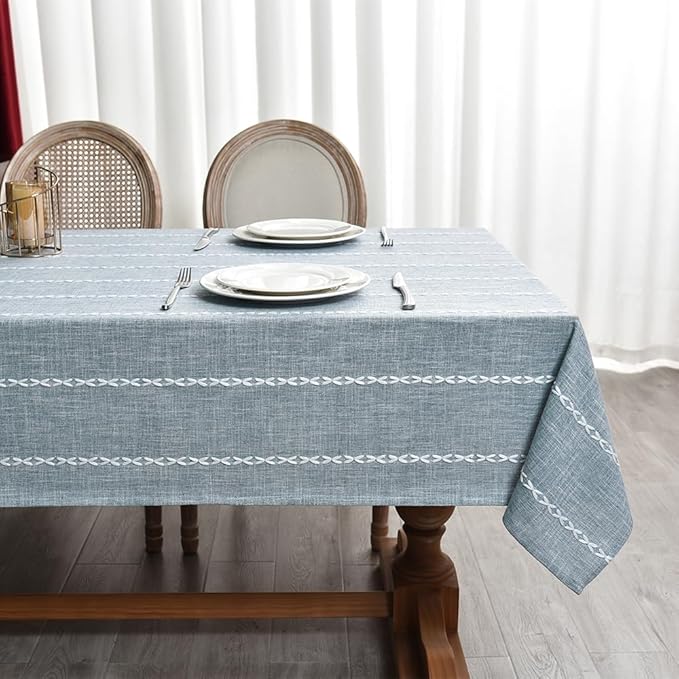 Zobesta Linen Table Cloth Blue Tablecloth Rectangle 86 x 53 Inch, Washable Farmhouse Soft Boho Blue Stripe Tablecloth for Party, Holiday, Picnic, Dining, Outdoor