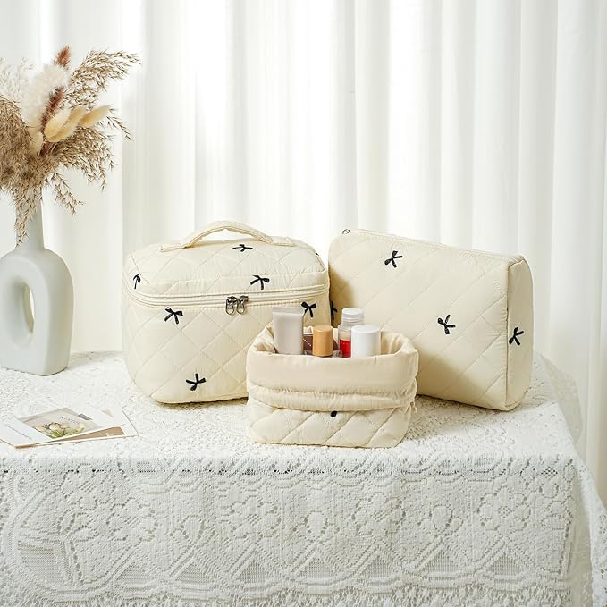 3Pcs Aesthetic Cotton Quilted Drawstring Makeup Bag Set, Aesthetic Cute Bow Makeup Pouch for Girls and Women, Aesthetic Travel Organized Cosmetic Bags for Purse(04Beige Bow)