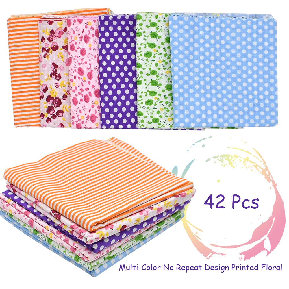 42Pcs 10"x10" Quilting Cotton Fabric Squares Sheets Pre-Cut Multi-Color Design Printed Floral Craft Fabric for DIY Sewing Scrapbooking Quilting Craft Patchwork (Red/Pink/Yellow/Green/Blue/Purple)