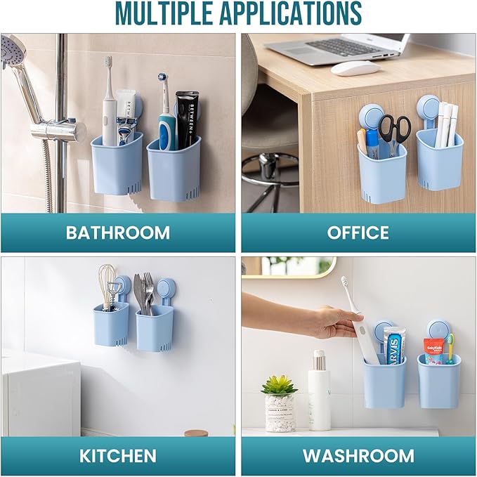 TAILI Suction Toothbrush Holder 2 Pack, Powerful Toothpaste Toothbrush Suction Cup, Self-draining Shower Razor Holder, Shower Toothbrush Holder for Wall, Kitchen Tableware Holder, Blue