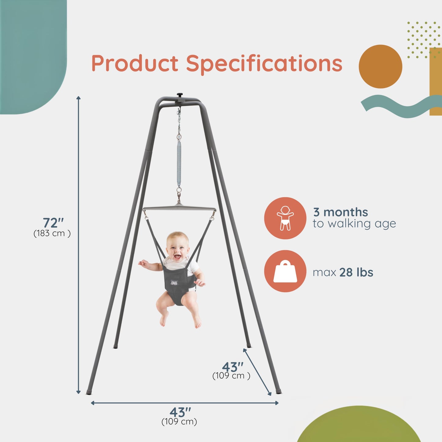 Jolly Jumper Elite (Grey) Baby Exerciser - Sturdy Frame, 6 ft Tall Stand Baby Jumper, Indoor and Outdoor Exercise Saddle Seat, Adjustable Height, for Infants up to 28 lbs