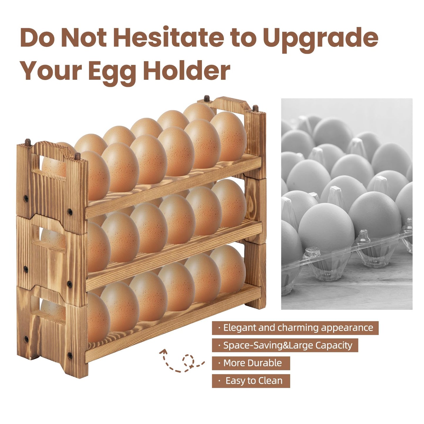 storenization Egg Holder Countertop, 3-tire Solid Wooden Egg Holder, Stackable Egg Storage Easter Basket Holding Up to 36 Fresh Eggs, Chicken, Duck Eggs - Unfinished