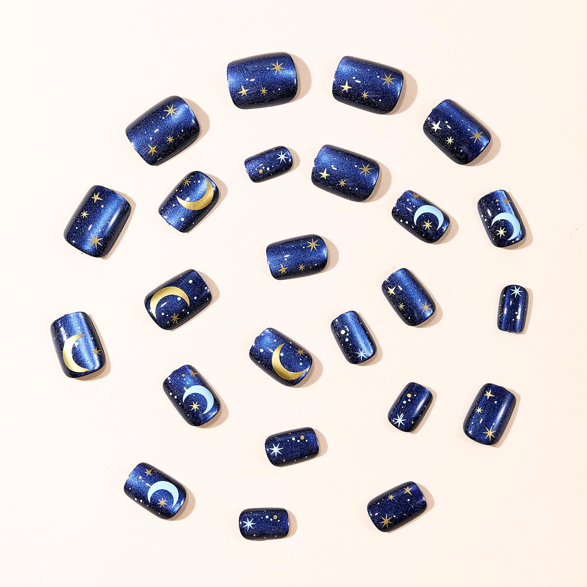 Short Press on Nails Square Blue Fake Nails Bling Full Cover Stick on Nails Starry Sky Shiny with Designs Short False Nails Moon Glue on Nails Artificial Acrylic Nails for Women 24Pcs