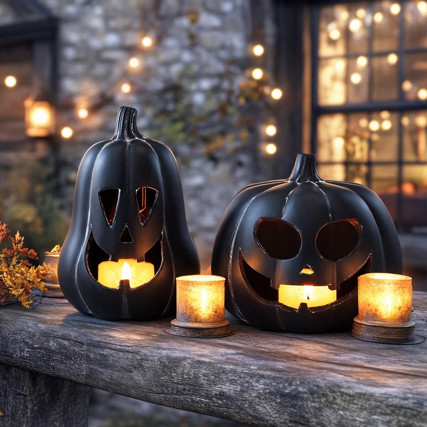 Tioncy 2 Pack Terracotta Pumpkin Decoration Handmade Brown Clay Pumpkin Jack-o-Lantern Halloween Tealight Holder Rustic Farmhouse Fall Home Decor for Table Porch Mantel Indoor Centerpieces (Black)