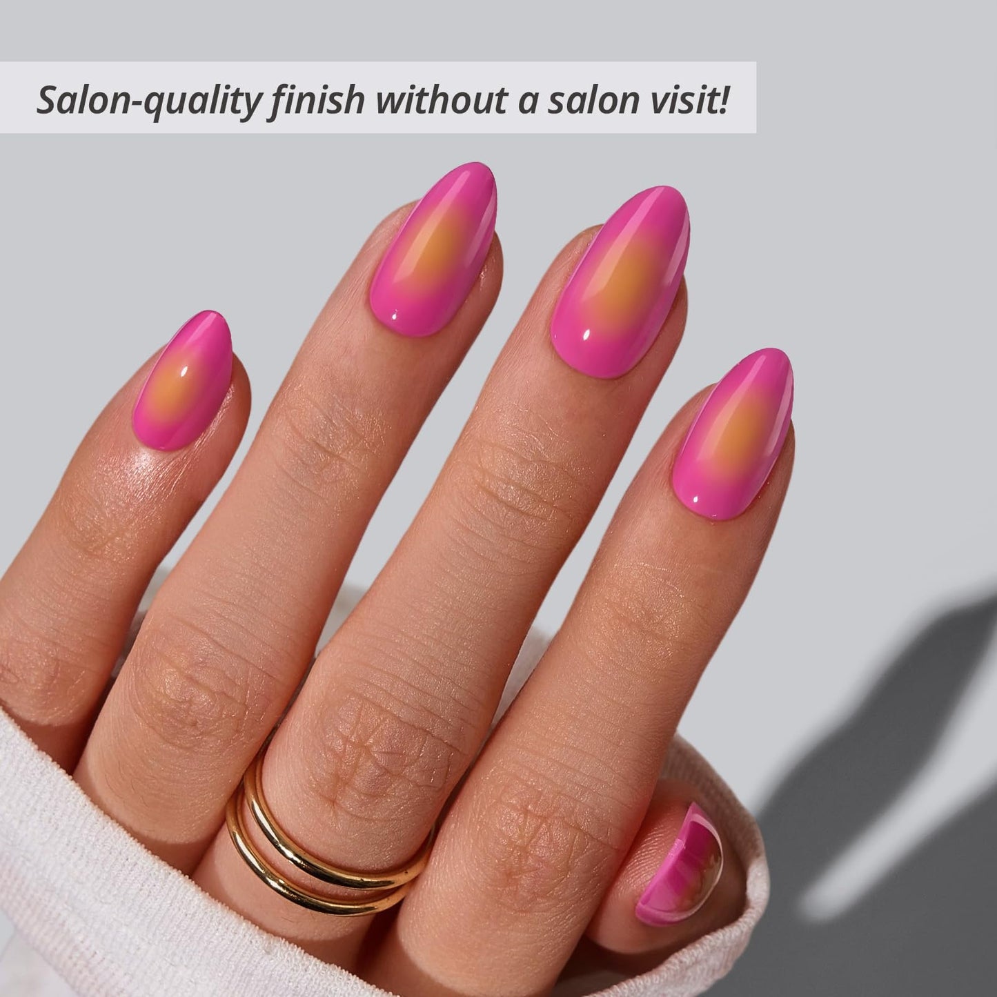 BTArtbox Press On Nails Short - Sunset Pop, Easy-to-Apply Hot Pink and Yellow Almond Press On Nails with Glue and Adhesive Tabs in 16 Sizes - 32 Nails All-in-One Kit