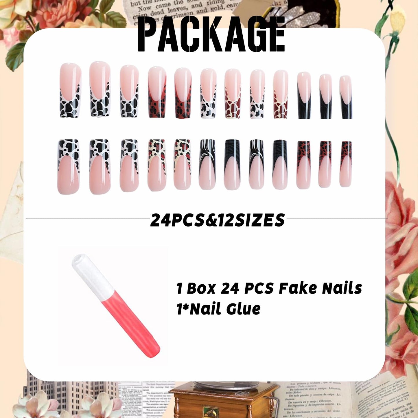IMSOHOT Fall Press on Nails Long Square Fake Nails Glossy Brown French Tips False Nails with Zebra Stripes & Leopard Print Designs Full Cover Acrylic Glue on Nails for Women 24Pcs