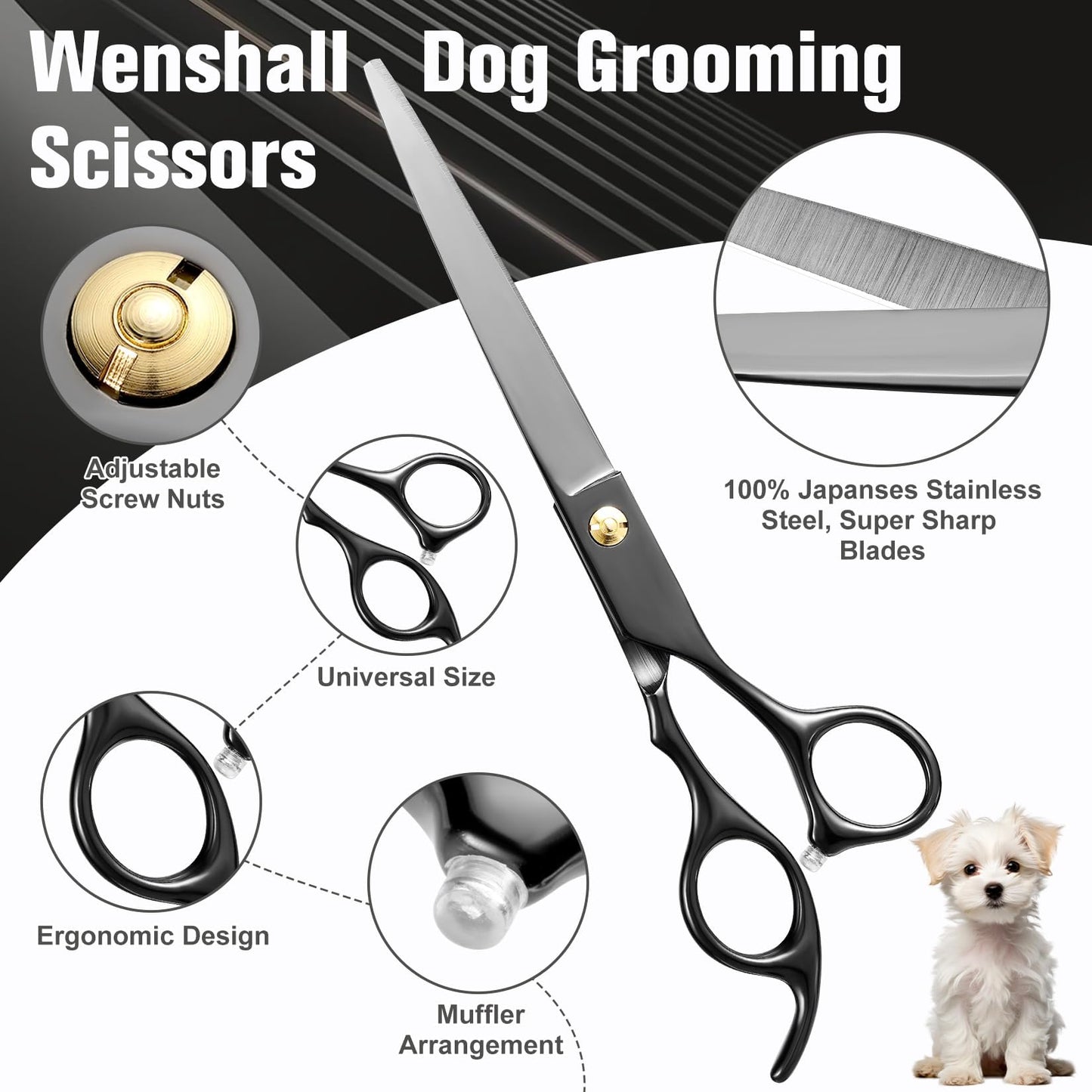 Wenshall Professional Dog Grooming Scissors Set - 6.5" Thinning, 7" Straight, 7" Up-Curved, 7" Down-curved Scissors and Comb for Dog Cat Pet (Black)