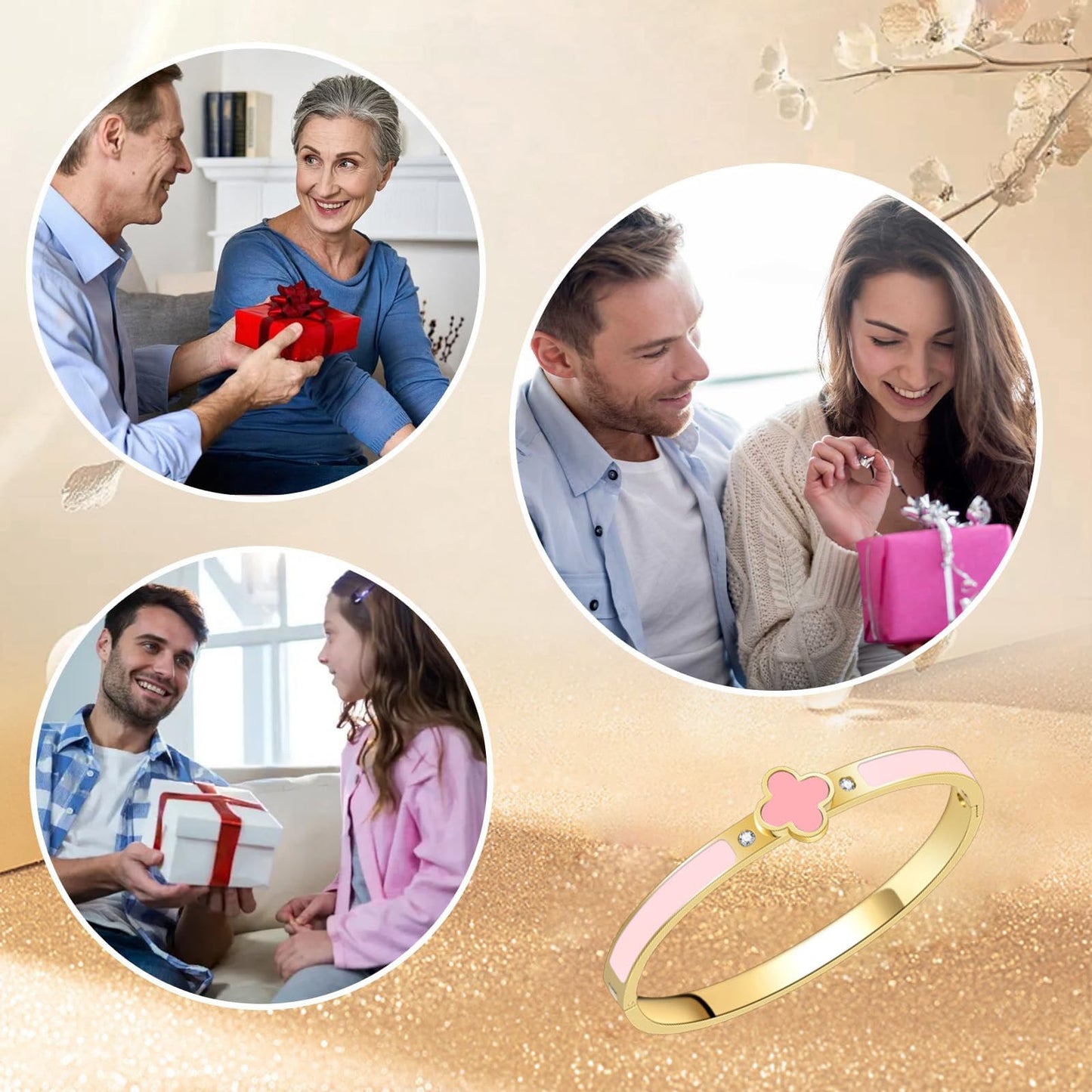 KYJAC 18k Gold Plated Stainless Steel Four Leaf Clover Bracelet for Women - Non-Tarnish, Precision Polished Chunky Oval Bangle in Black, White, Pink, Red Clover Bangle