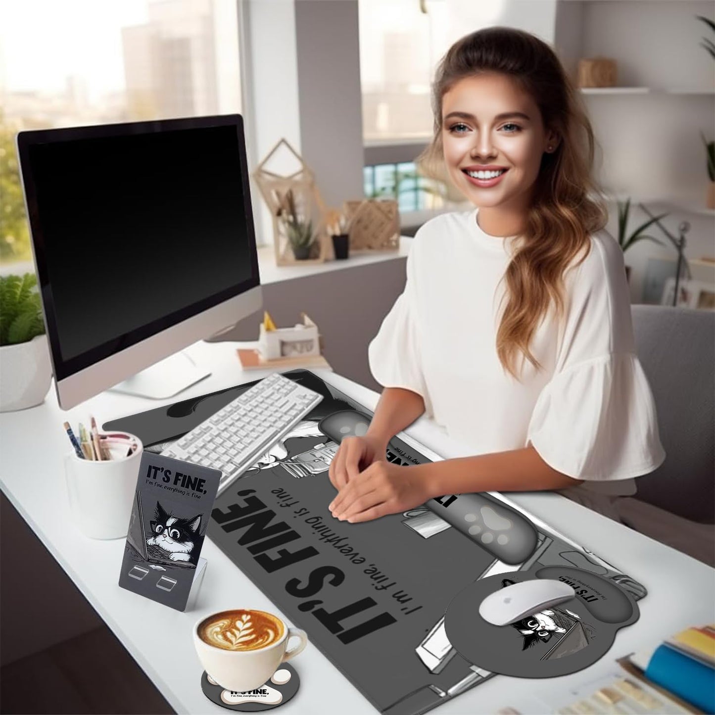 AQQA Funny Keyboard Mouse Pad Set,XXL Mouse Mat+Keyboard Wrist Rest Support, Cat Ergonomic Mouse Pad with Wrist Rest, 4 Pcs Cute Office Desk Accessories,35.4×15.7 in