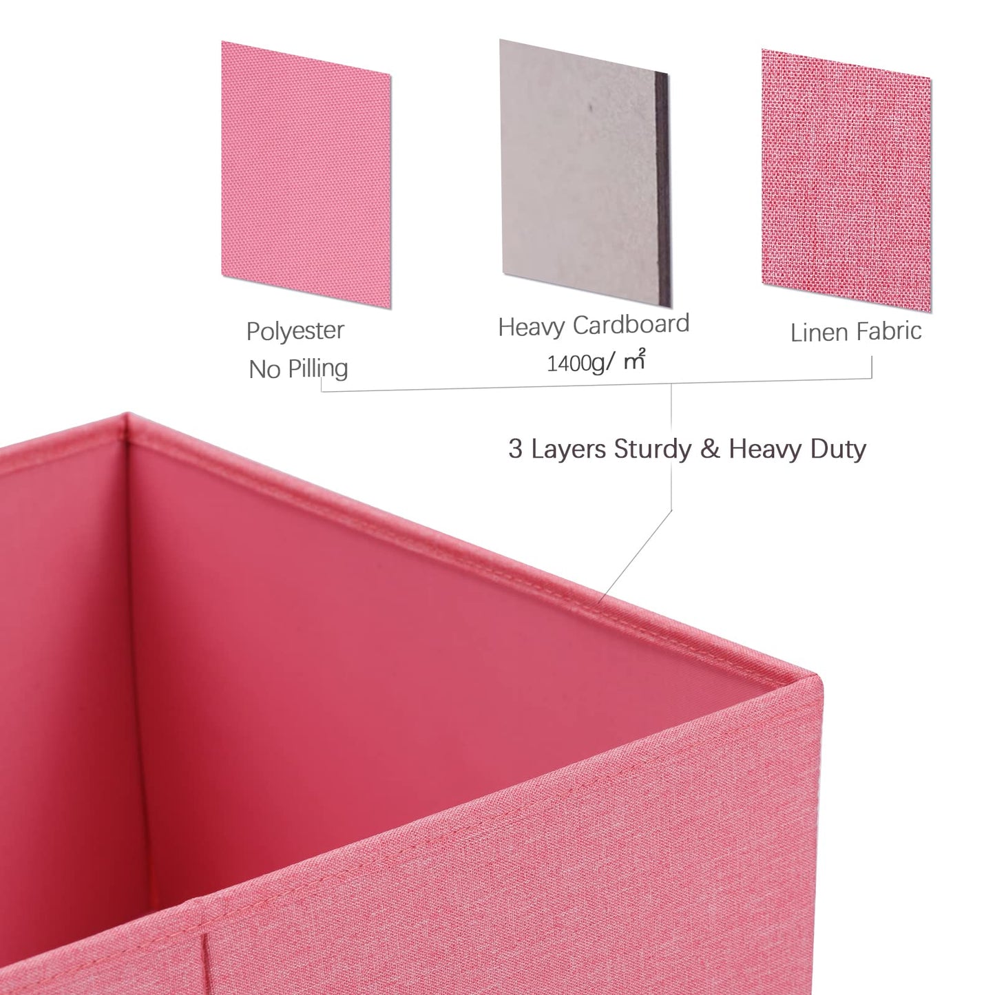 HOONEX Linen Foldable Storage Bins with Lids, 2 Pack, Storage Boxes with Carrying Handles and Sturdy Heavy Cardboard, 16.5" L x 11.8" W x 7.5" H for Shoes, Books, Clothes, Nursery, Pink