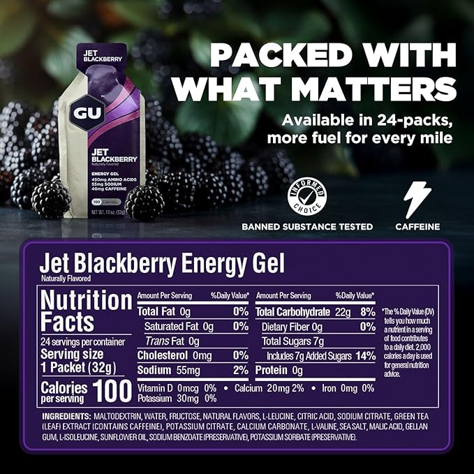 GU Energy Original Sports Nutrition Energy Gel, Vegan, Gluten-Free, Kosher, and Dairy-Free On-the-Go Energy for Any Workout, 24-Count, Jet Blackberry