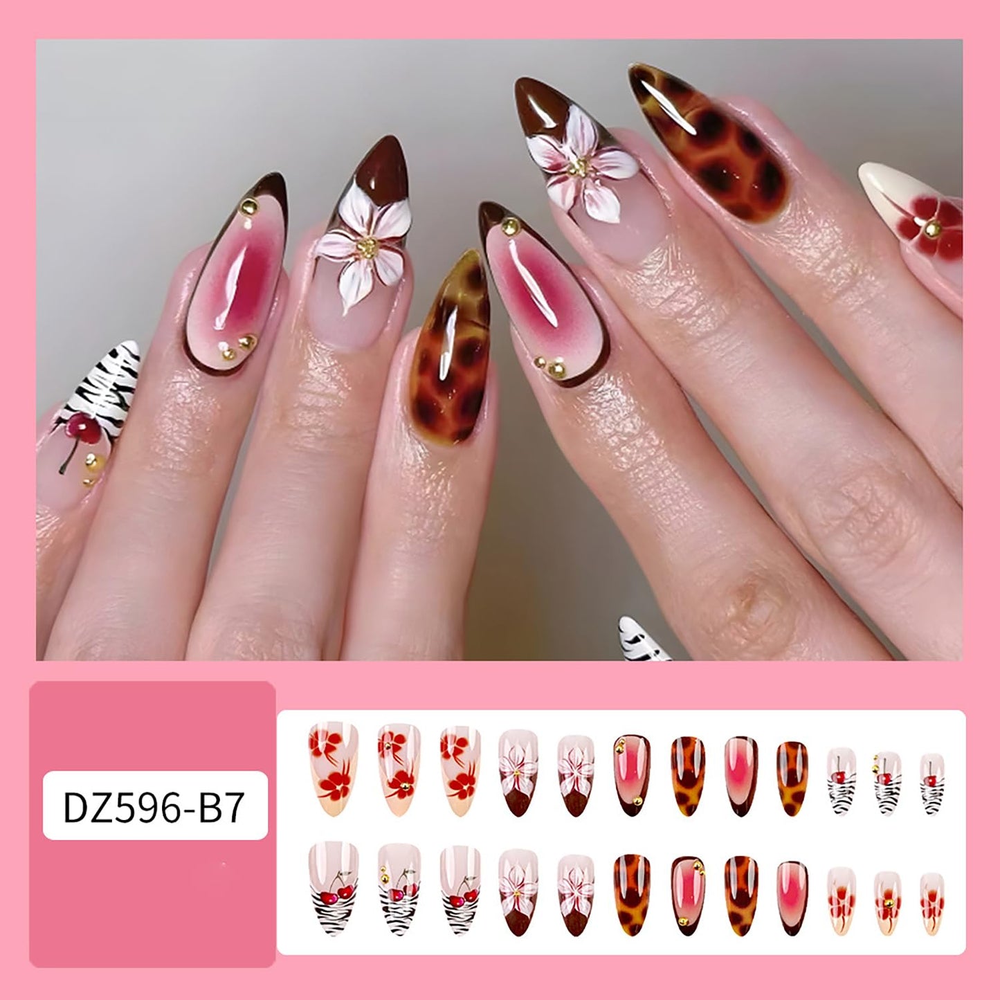 Leopard French Tip Press on Nails Medium Almond Shaped Flower Rhinestones Design Artificial Coffin Nail Full Cover Cherry Stick on Nail Acrylic Press Ons Glossy Glue on Nails for Women 24Pcs
