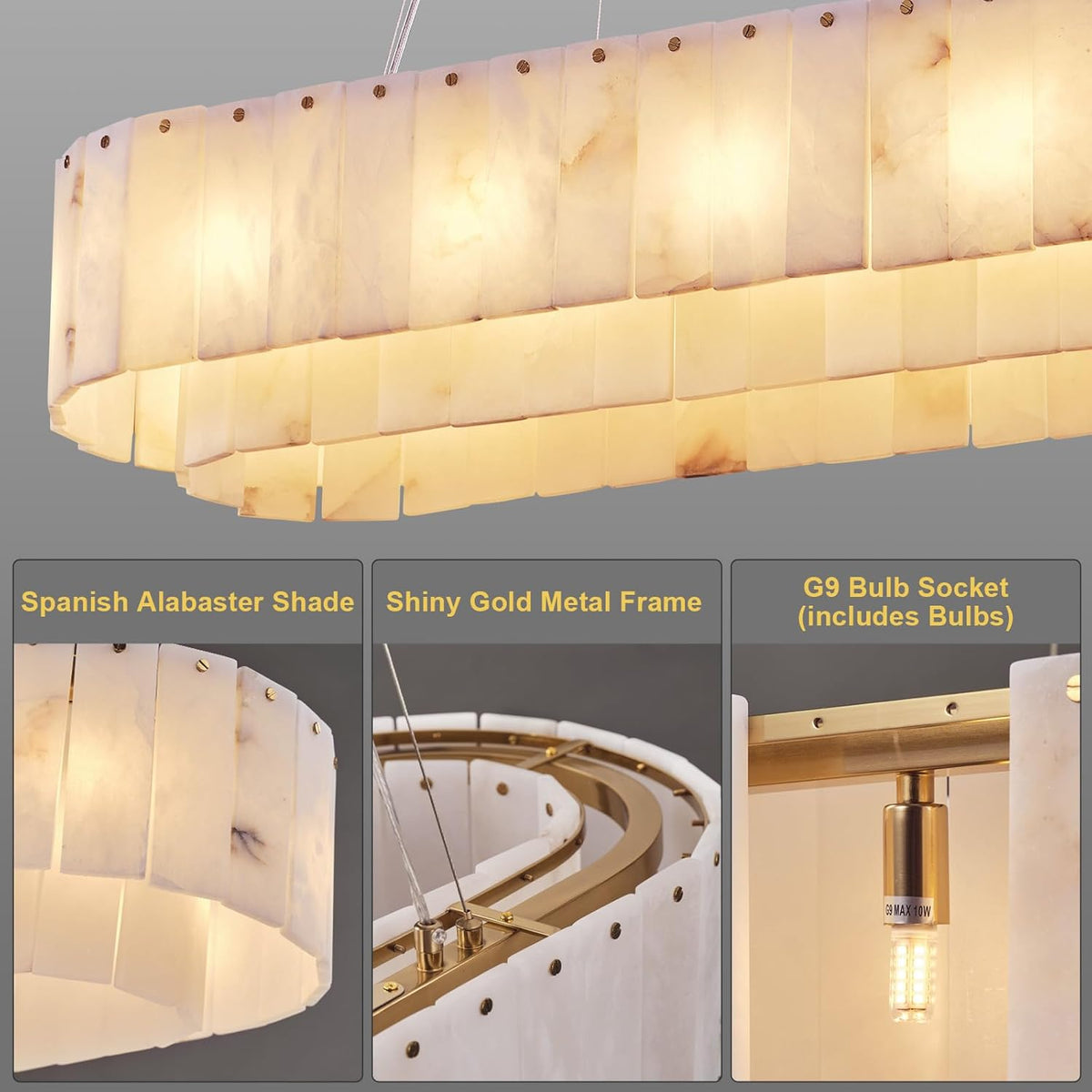 Alabaster Rectangular Chandelier, L54in Modern Dining Room Chandelier Over Table, Adjustable Chandeliers Light Fixture for Living Room, Kitchen Island