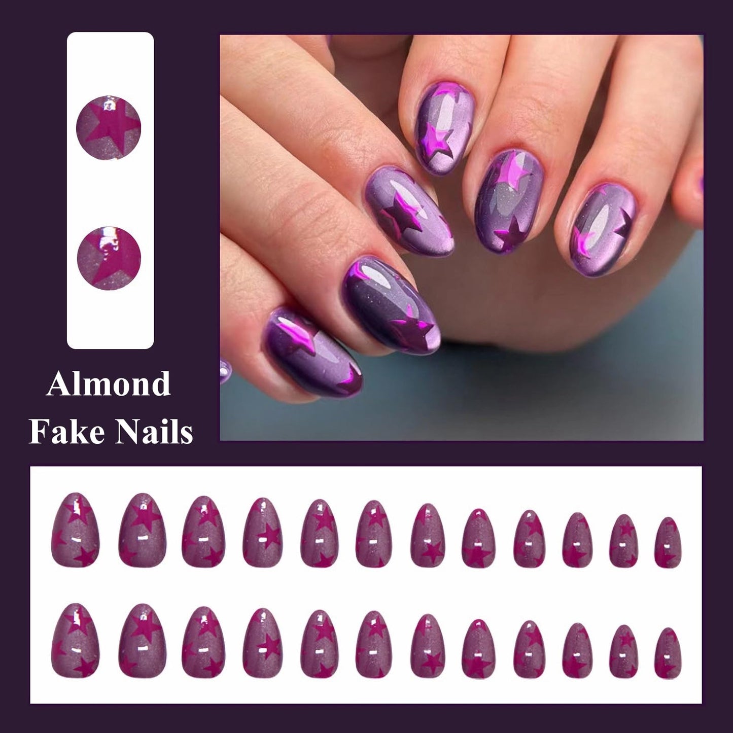 MISUD Press on Nails - Short Almond Fake Nails with Purple Star, Acrylic Bling Cat Eye Design 24 pcs