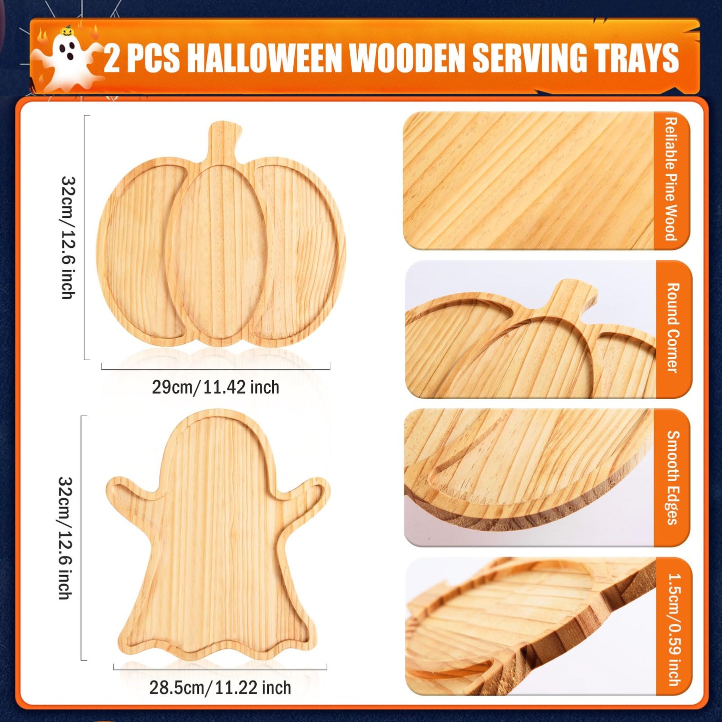 FOBSME 2 Pcs Halloween Wooden Charcuterie Boards Pumpkin and Ghost Shape Serving Platters Fall Wood Serving Trays Decorative Wooden Snack Dish Plates for Halloween Autumn Holiday Housewarming Presents