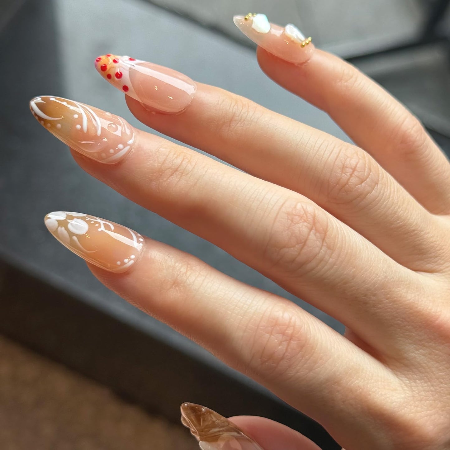 Handmade Press-On Nails – Medium Almond French Tip 3D Butterfly & Brown gradient Flowers Nails,Salon-Quality Reusable Fake Nails,Handcrafted Multi-Layer Gel & Acrylic Nails M SIZE