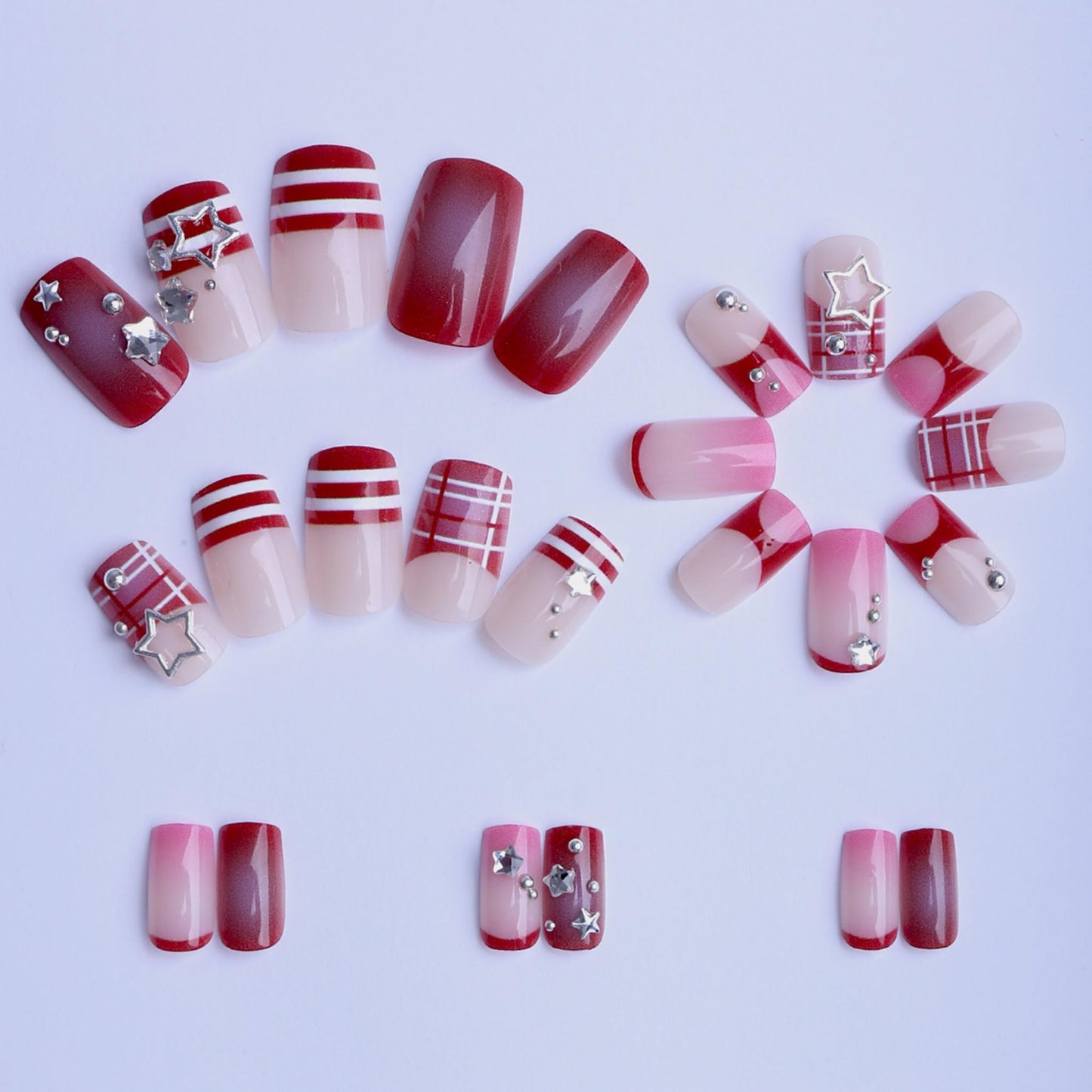 Square Press on Nails Medium Fake Nails Red Artificial Nail Seeneey y2k Designs Rhinestones Stick on Nail for Women 24pcs
