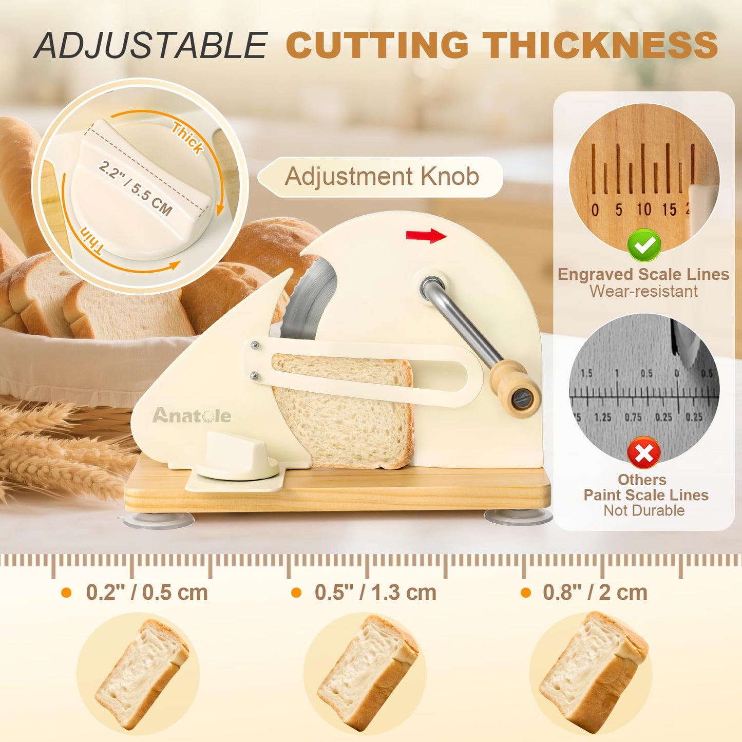 Anatole Foldable Manual Bread Slicer for Homemade Sourdough Bread with Engraved Scale Line Bread Guide Hand Crank Bread Cutter with Adjustable Thickness Stainless Steel Blade 6 Suction Cups