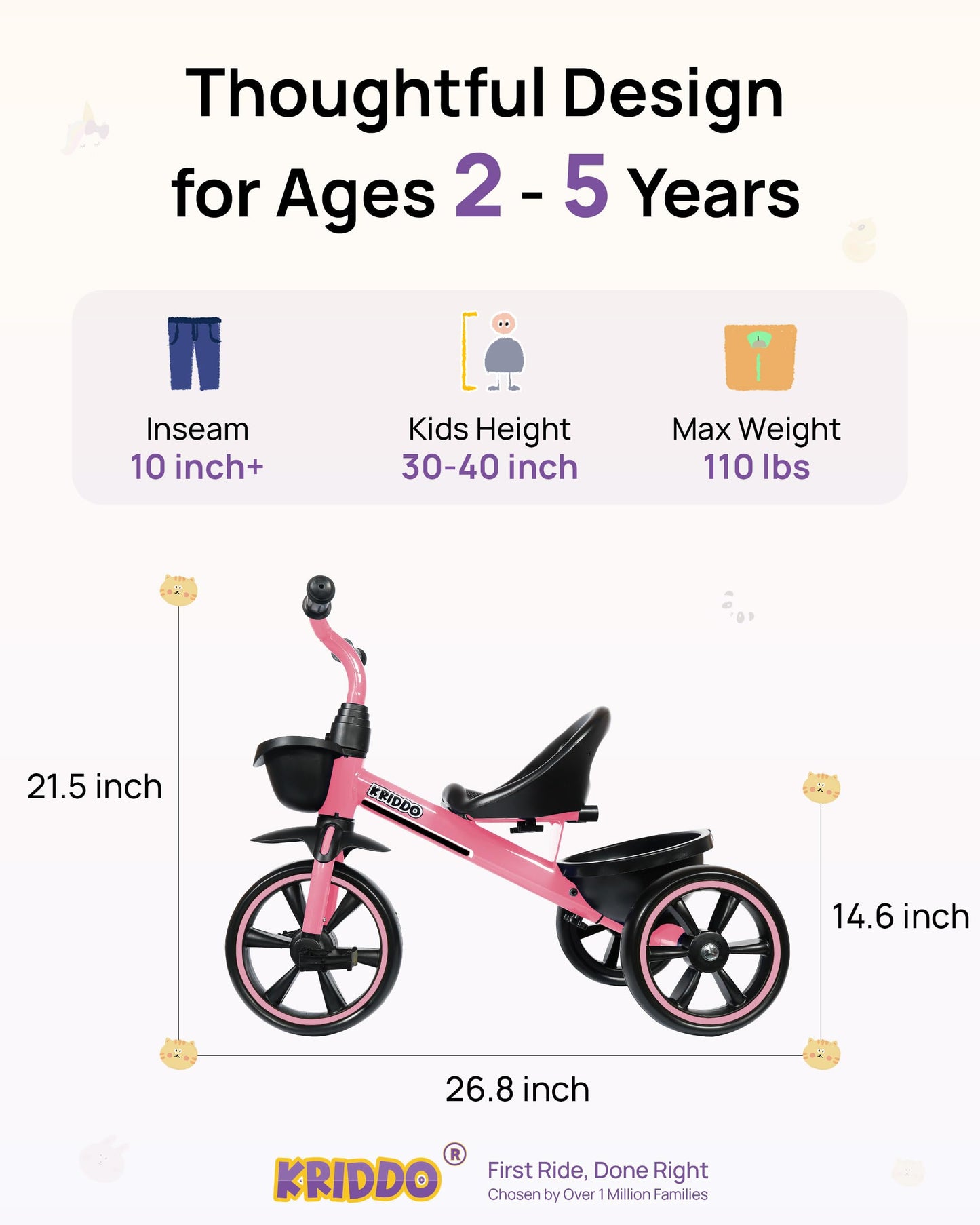 KRIDDO Tricycle for 2-5 Year Olds - Pink Toddler Trike With Gift for 24 Month to 4 Year Old Girls