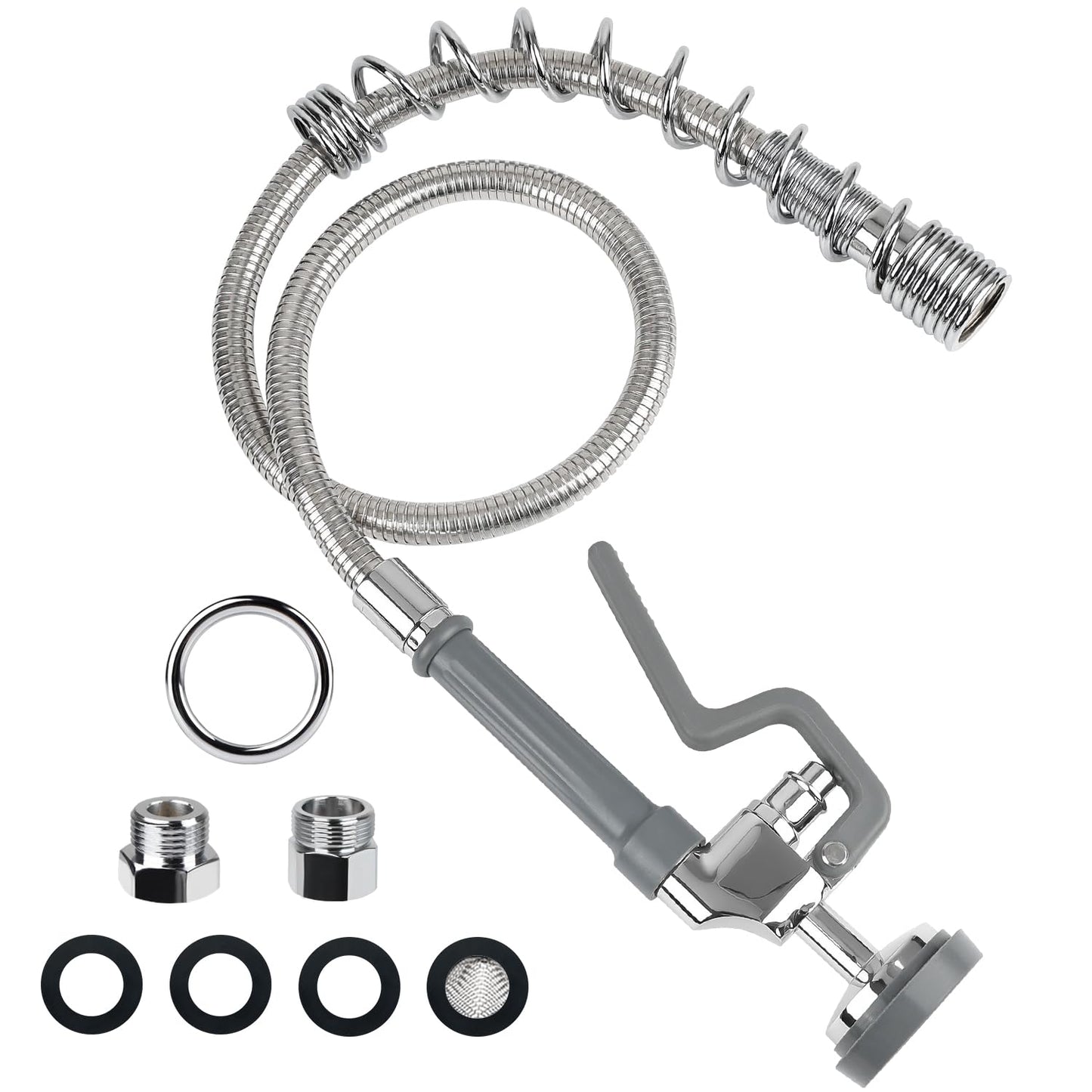 Spray Valve with 44inch Flexible Hose & Pre Rinse Spring Replacement Kit for Commercial Kitchen Sink Faucet 1.42GPM High-Pressure Restaurant Dish Sprayer Stainless Steel Hose & Overhead Spring (Grey)