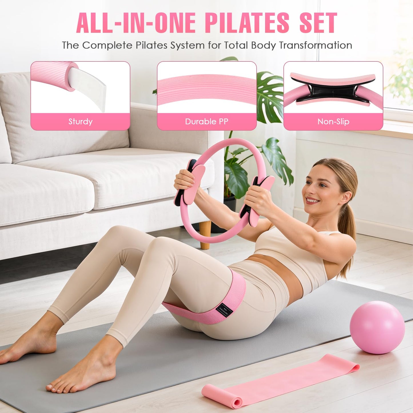 Pilates Kit, Pilates Equipment for Home Workouts, Home Pilates Essentials Kit for Women with Pilates Ring and Ball Set, Socks, ankle resistance bands with cuffs, Resistance Band and Massage ball