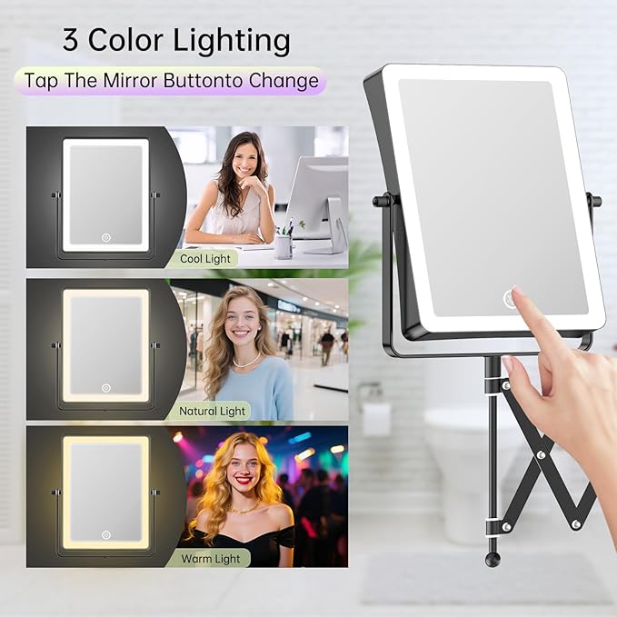 FASCINATE Rechargeable Wall Mounted Makeup Mirror with Lights, 8.7 Inch Double Sided Touch Switch 1X 30X Magnifying Bathroom Mirror, 3 Color Lights Touch Dimmable Extended Arm 360°Rotation (Black)