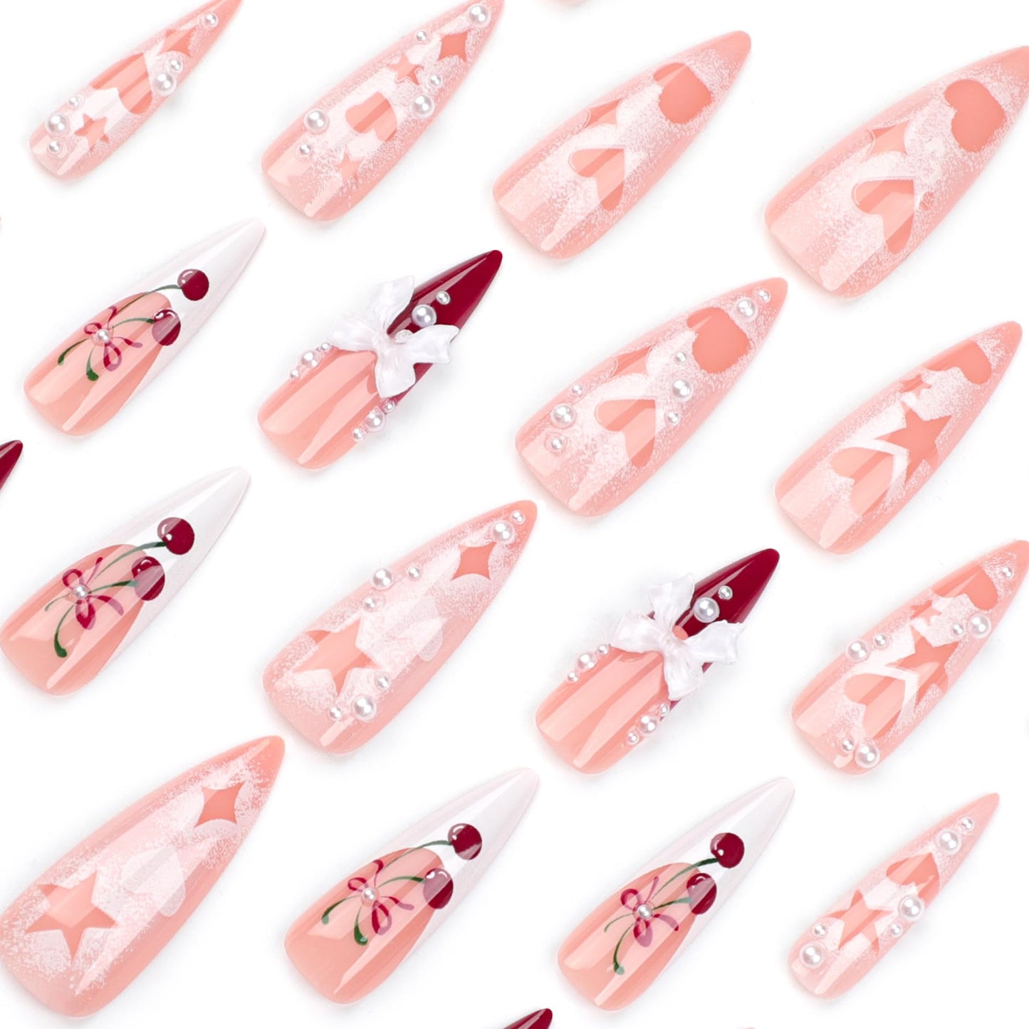 IMRAIN Long Press on Nails Stiletto Red French Tips Fake Nails Full Cover Glossy Acrylic Nails Press ons Cute Cherry & Bow Designs Glue Stick on False Nails for Women 24Pcs