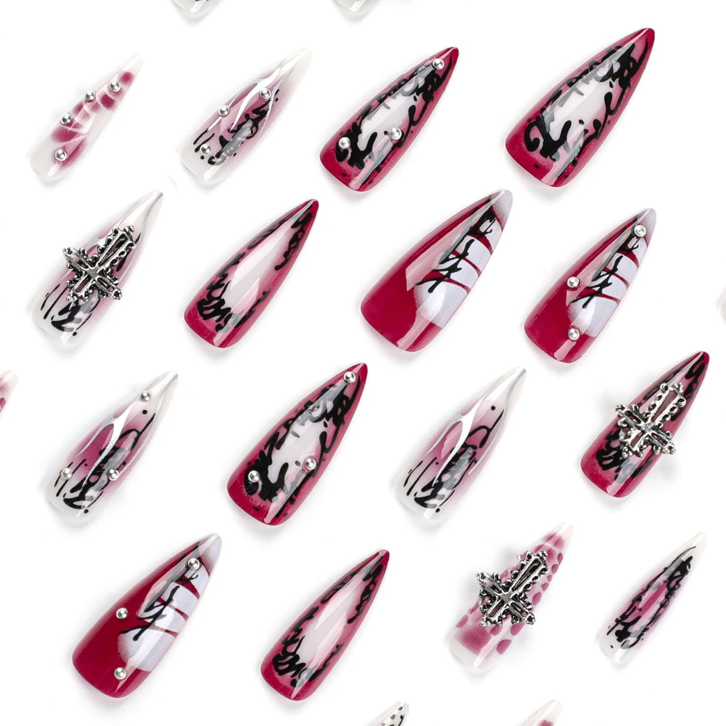 IMSOHOT Stiletto Press on Nails Long Gothic Fake Nails Black Red Ombre Glossy False Nails with Metal Cross Charms Designs Full Cover Glue on Nails 24PCS