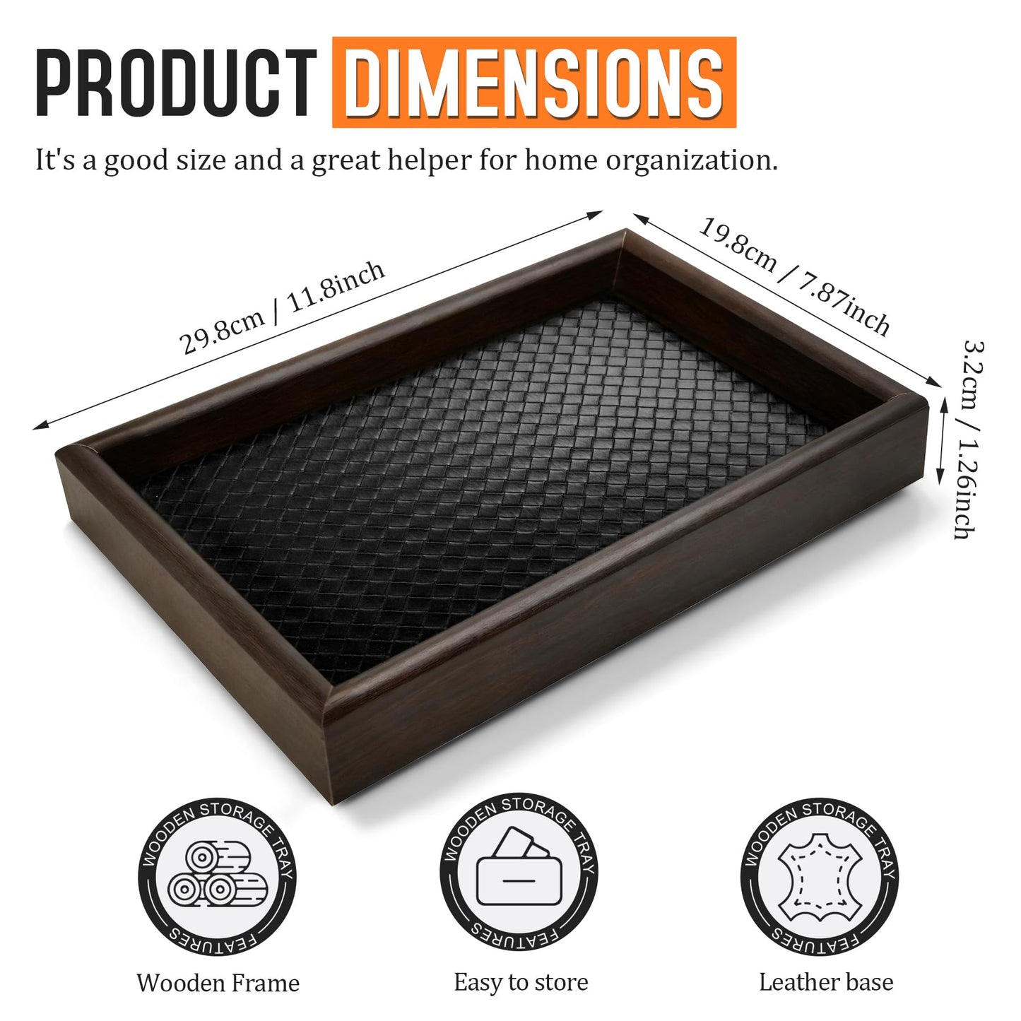 Wooden Valet Tray Desk Organizer with Leather Base,Nightstand, Entryway Bedside Dump Holder for Wallets, Keys, Watches, Jewelry & Sunglasses