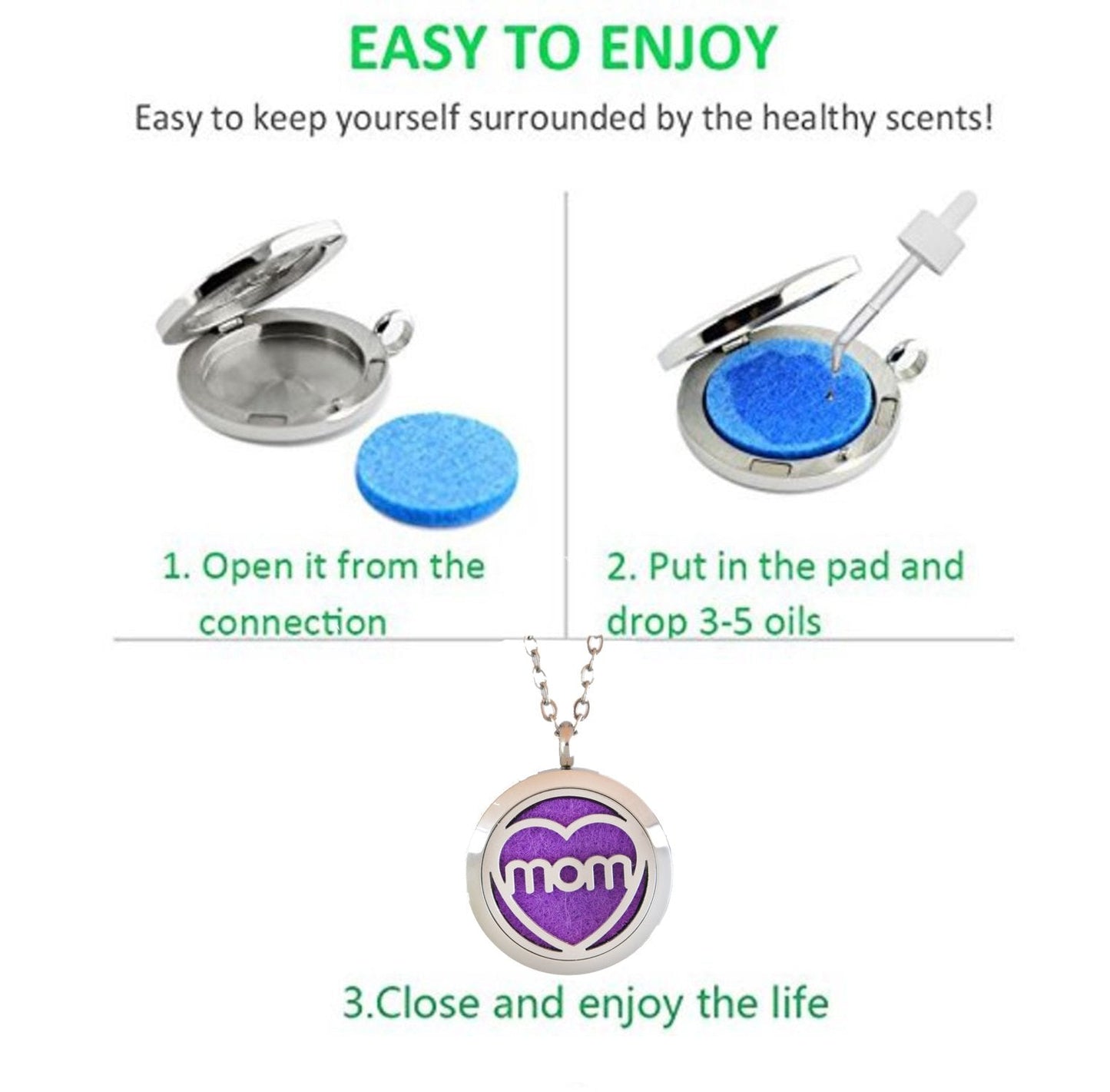 Aromatherapy Essential Oil Diffuser Stainless Steel 30MM Silver Locket Pendant with Chain Necklace and Colored Refill Pads & Diffuser Bracelet All in a Velvet Bag (mom)